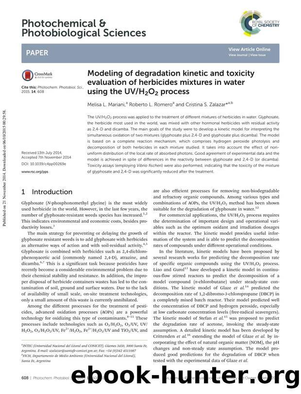 Modeling of degradation kinetic and toxicity evaluation of herbicides mixtures in water using the UVH2O2 process by Melisa L. Mariani Roberto L. Romero Cristina S. Zalazar