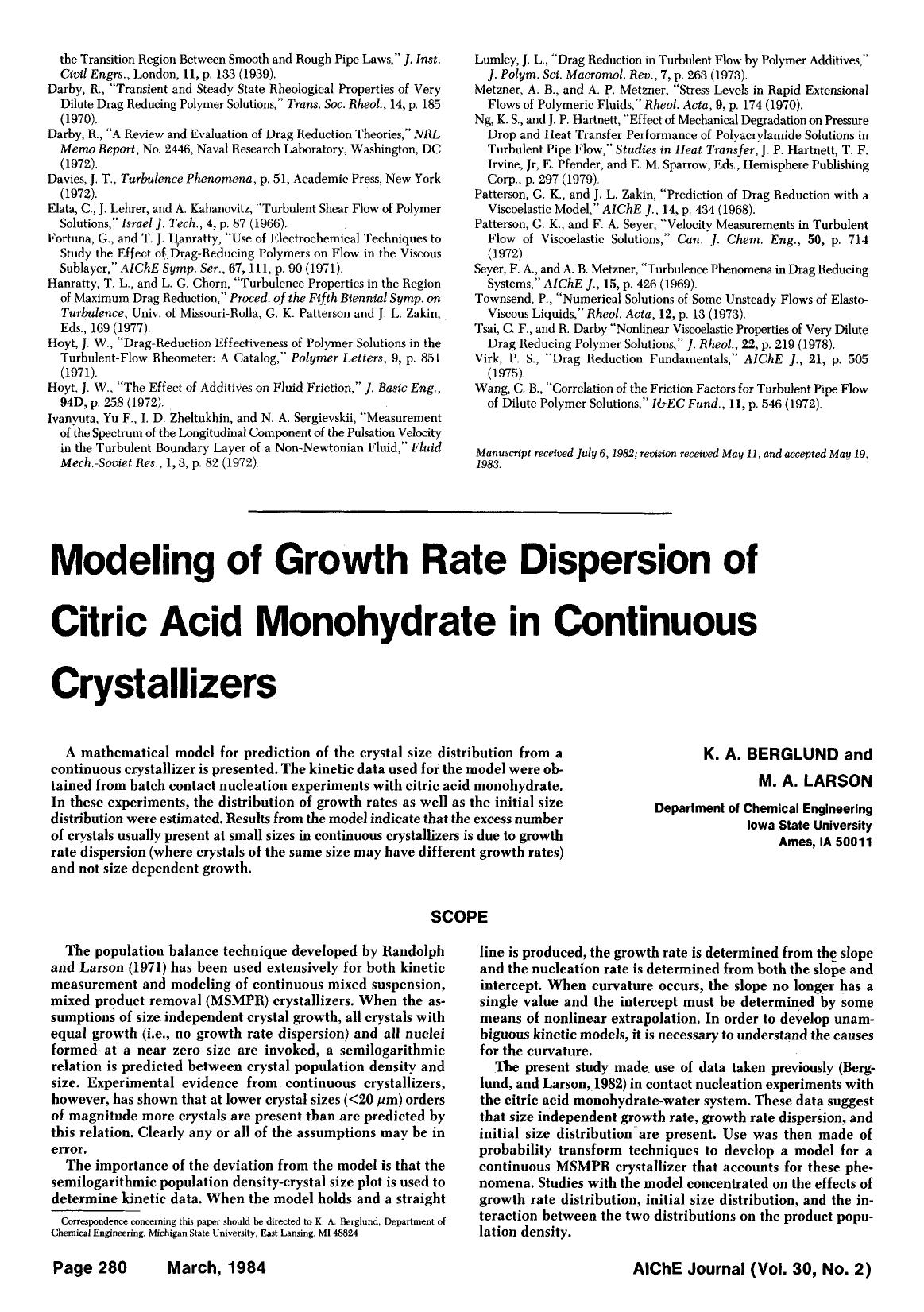 Modeling of growth rate dispersion of citric acid monohydrate in continuous crystallizers by Unknown