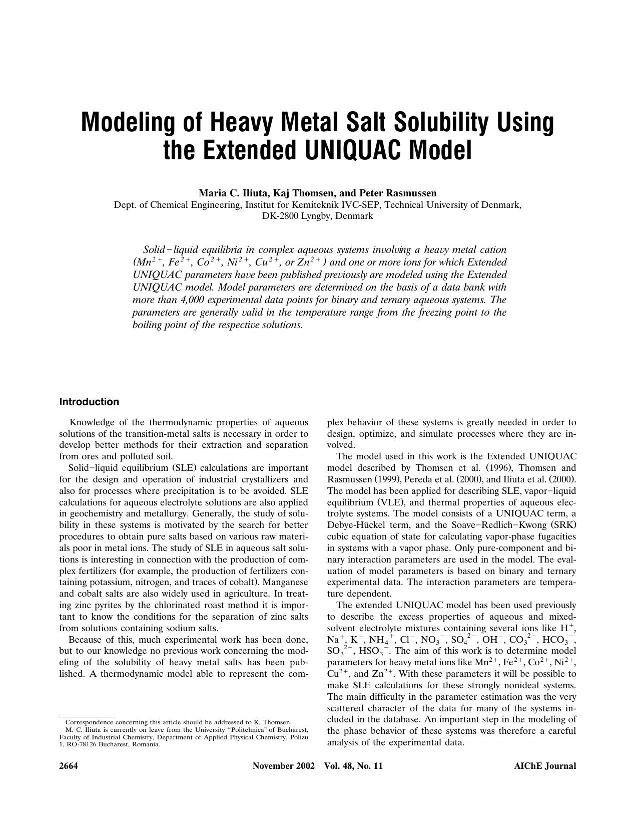 Modeling of heavy metal salt solubility using the extended UNIQUAC model by ?