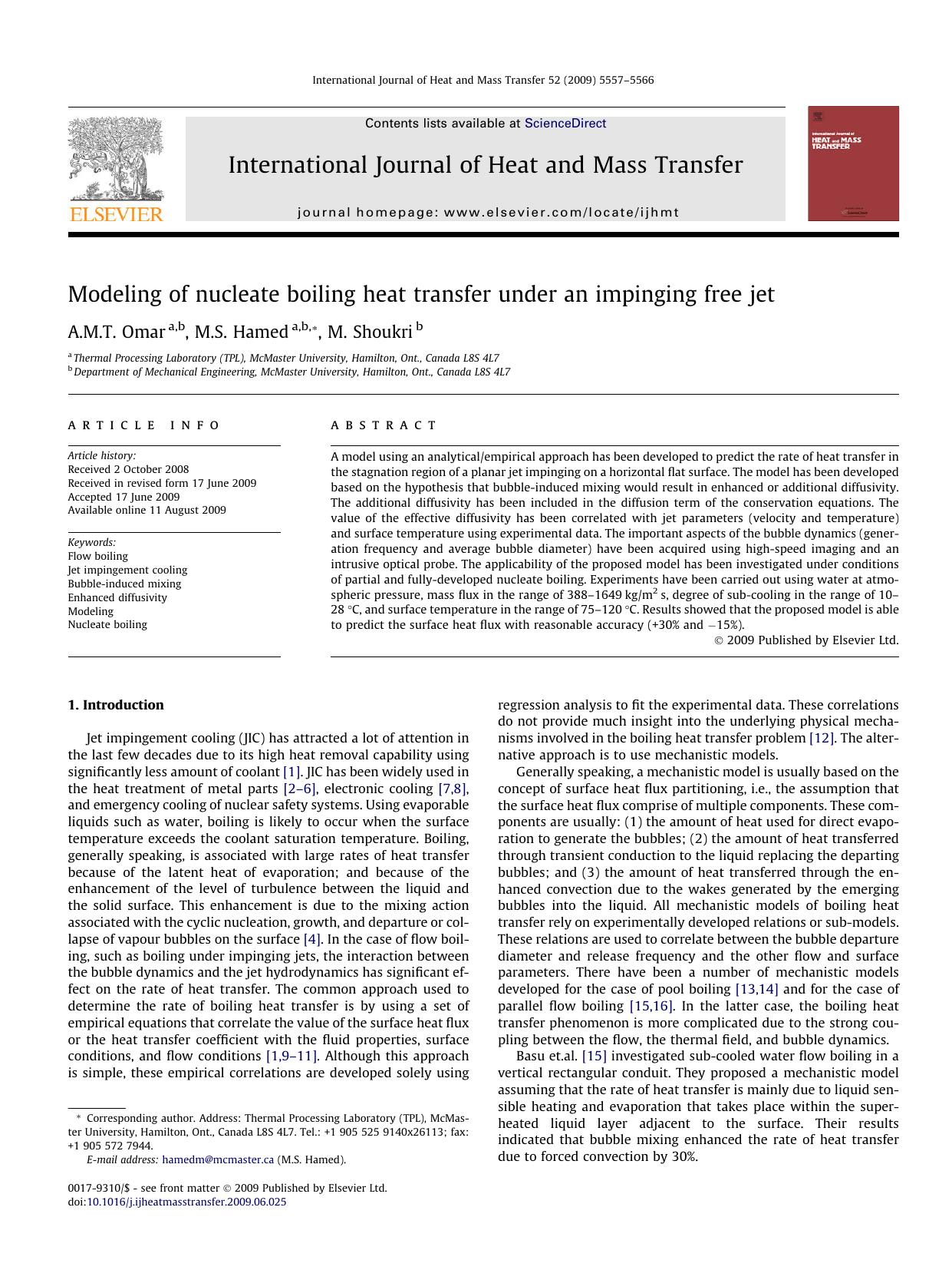 Modeling of nucleate boiling heat transfer under an impinging free jet by A.M.T. Omar; M.S. Hamed; M. Shoukri