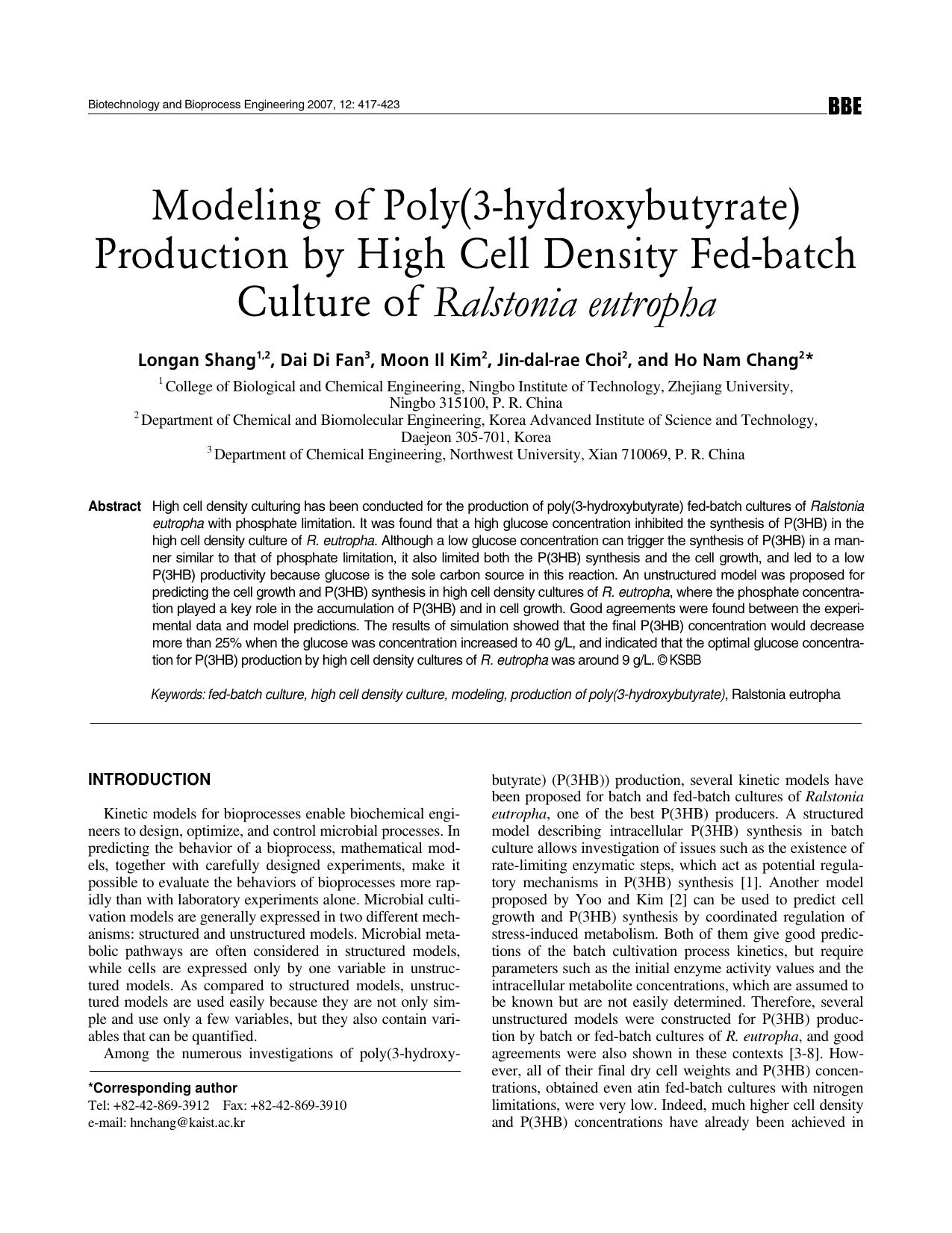 Modeling of poly(3-hydroxybutyrate) production by high cell density fed-batch culture of R <Emphasis Type="Italic">alstonia eutropha <Emphasis> by Unknown