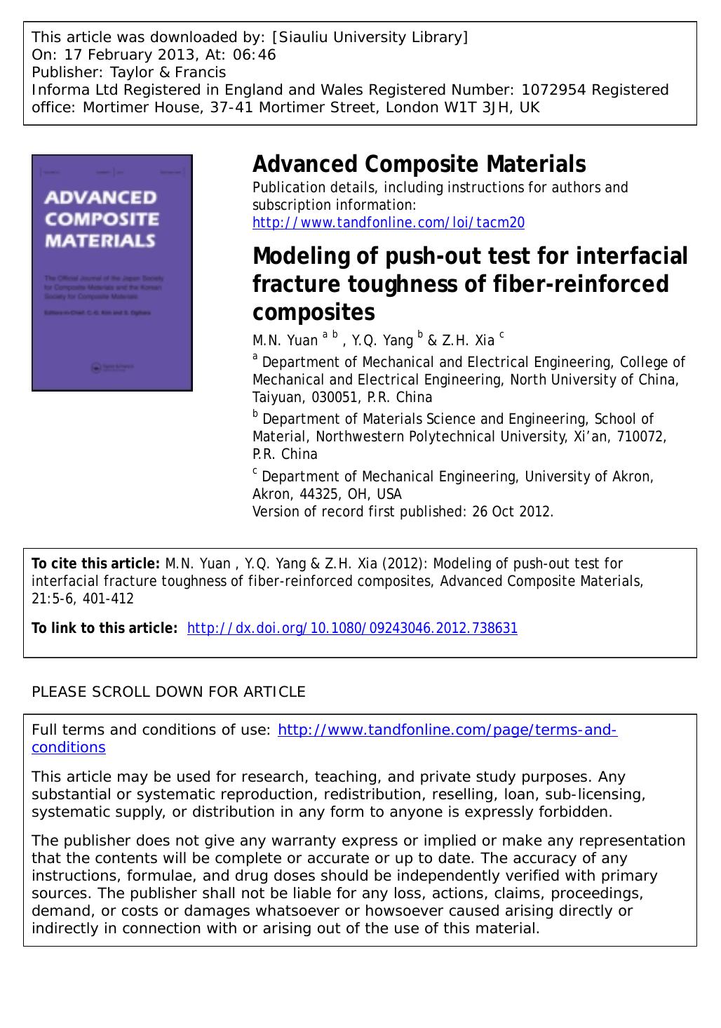 Modeling of push-out test for interfacial fracture toughness of fiber-reinforced composites by M.N. Yuan Y.Q. Yang & Z.H. Xia