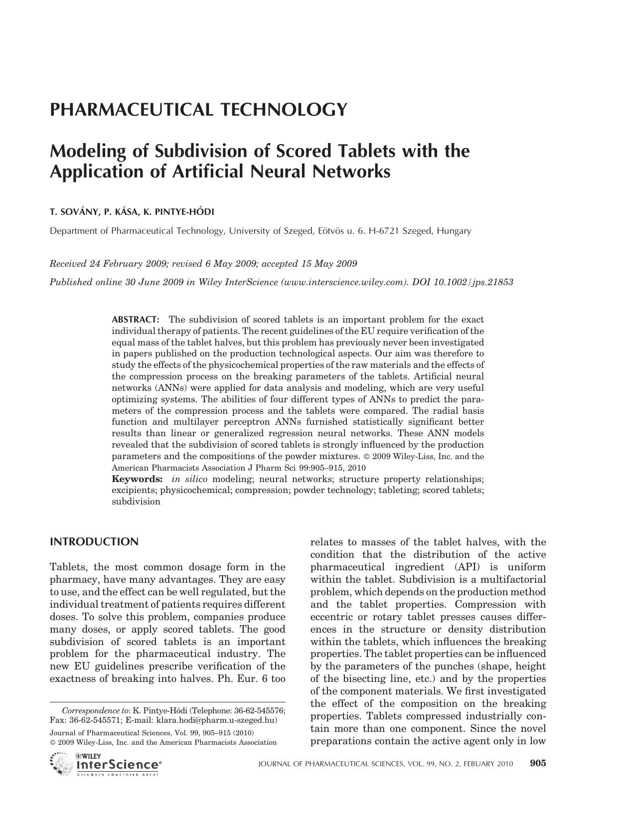 Modeling of subdivision of scored tablets with the application of artificial neural networks by Unknown
