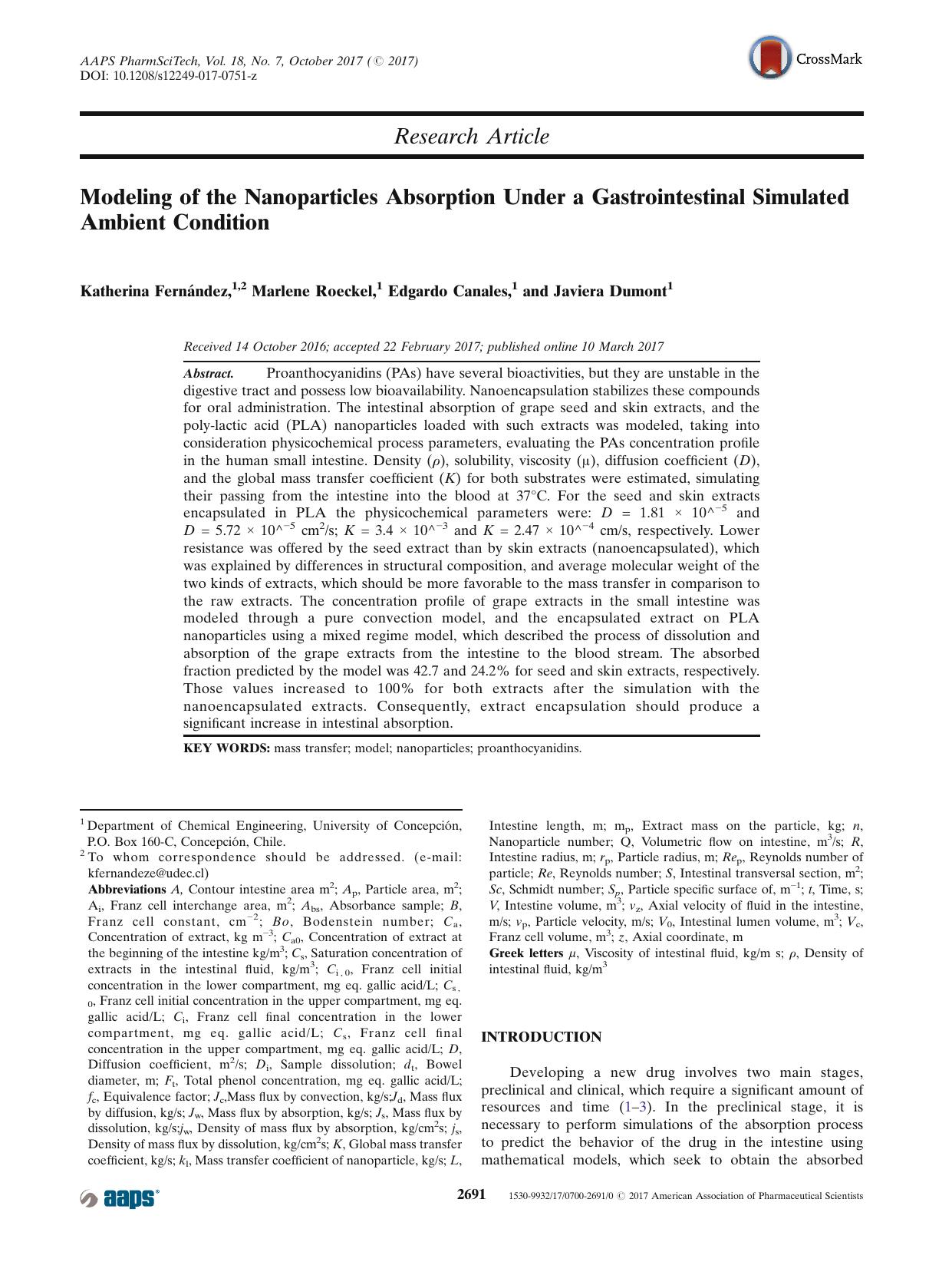 Modeling of the Nanoparticles Absorption Under a Gastrointestinal Simulated Ambient Condition by Katherina Fernández & Marlene Roeckel & Edgardo Canales & Javiera Dumont
