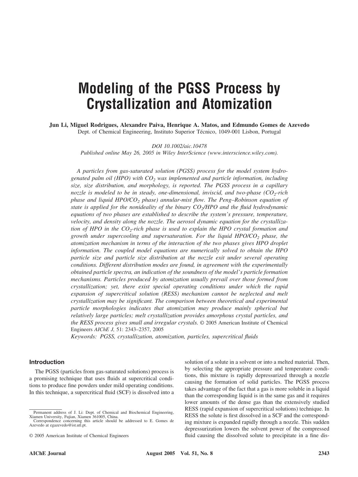 Modeling of the PGSS process by crystallization and atomization by Unknown