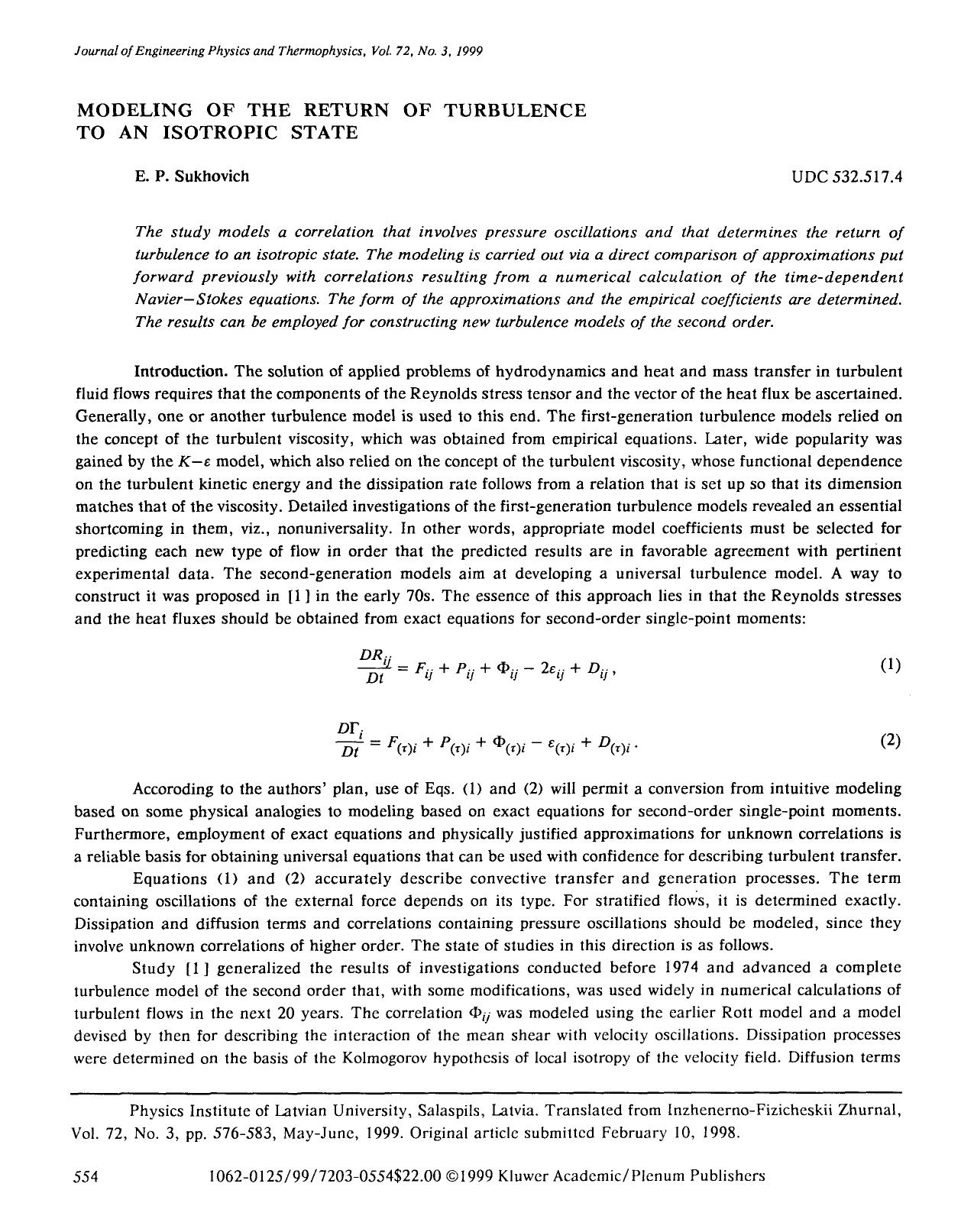 Modeling of the return of turbulence to an isotropic state by Unknown