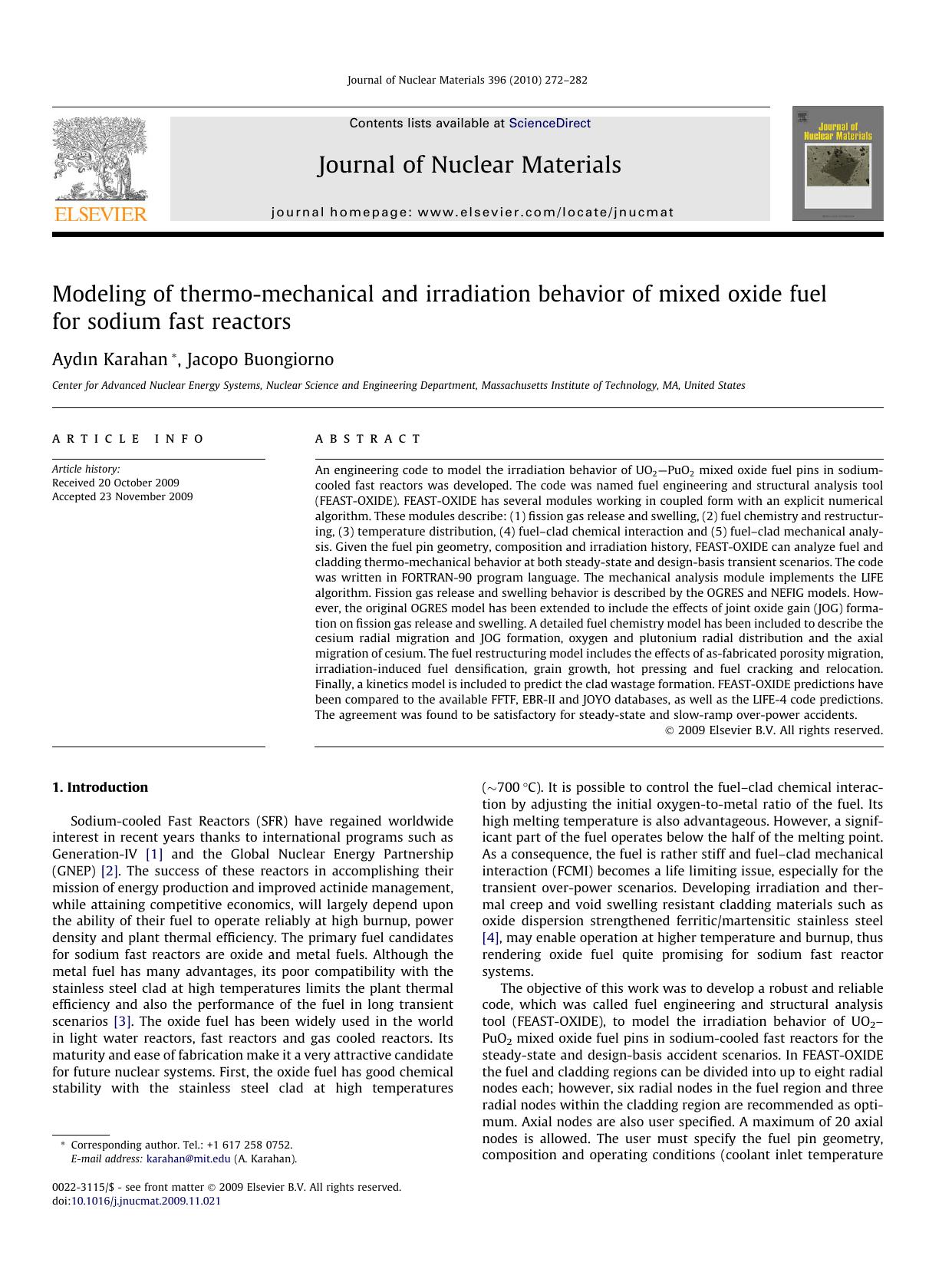 Modeling of thermo-mechanical and irradiation behavior of mixed oxide fuel for sodium fast reactors by Aydın Karahan; Jacopo Buongiorno
