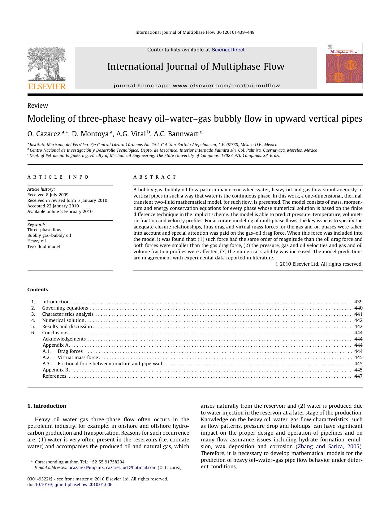 Modeling of three-phase heavy oilâwaterâgas bubbly flow in upward vertical pipes by O. Cazarez; D. Montoya; A.G. Vital; A.C. Bannwart