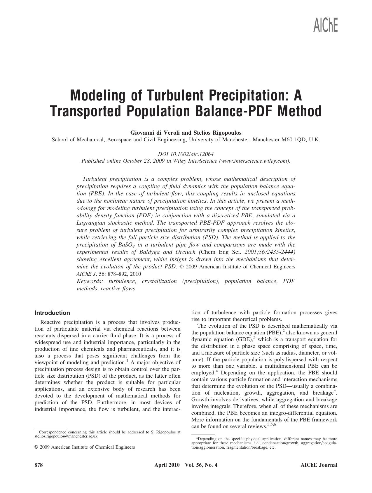 Modeling of turbulent precipitation: A transported population balance-PDF method by Unknown