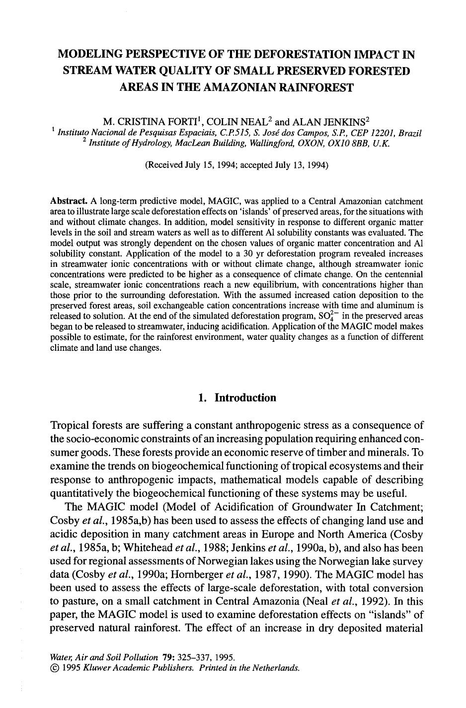 Modeling perspective of the deforestation impact in stream water quality of small preserved forested areas in the amazonian rainforest by Unknown