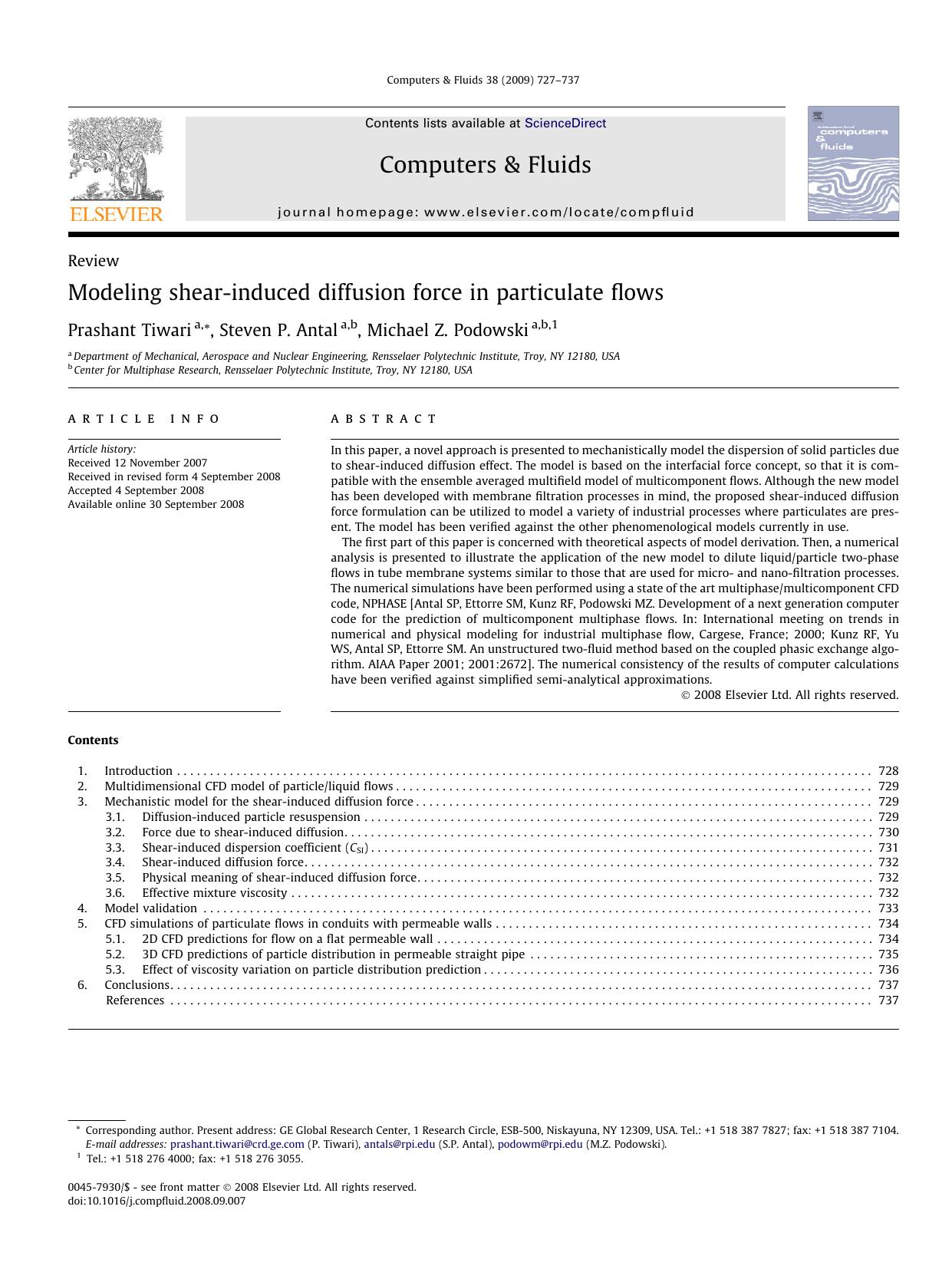 Modeling shear-induced diffusion force in particulate flows by Prashant Tiwari; Steven P. Antal; Michael Z. Podowski