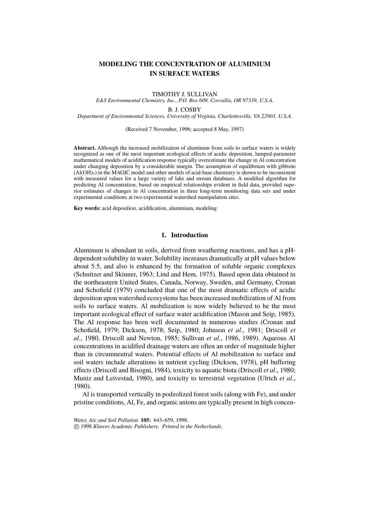 Modeling the Concentration of Aluminum in Surface Waters by Unknown