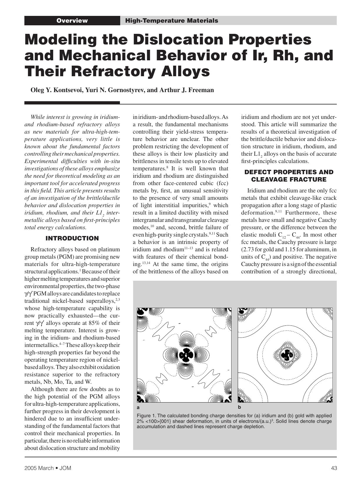 Modeling the Dislocation Properties and Mechanical Behavior of Ir, Rh, and Their Refractory Alloys by Oleg Y. Kontsevoi Yuri N. Gornostyrev and Arthur J. Freeman