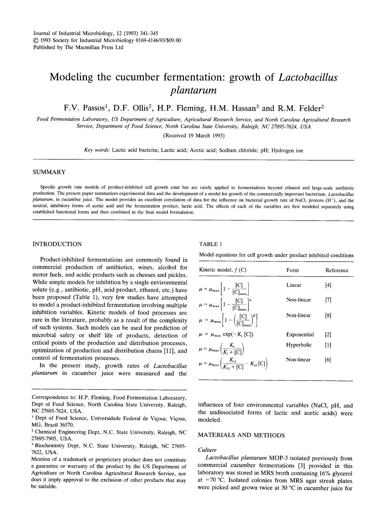 Modeling the cucumber fermentation: Growth of <Emphasis Type="Italic">Lactobacillus plantarum <Emphasis> by Unknown