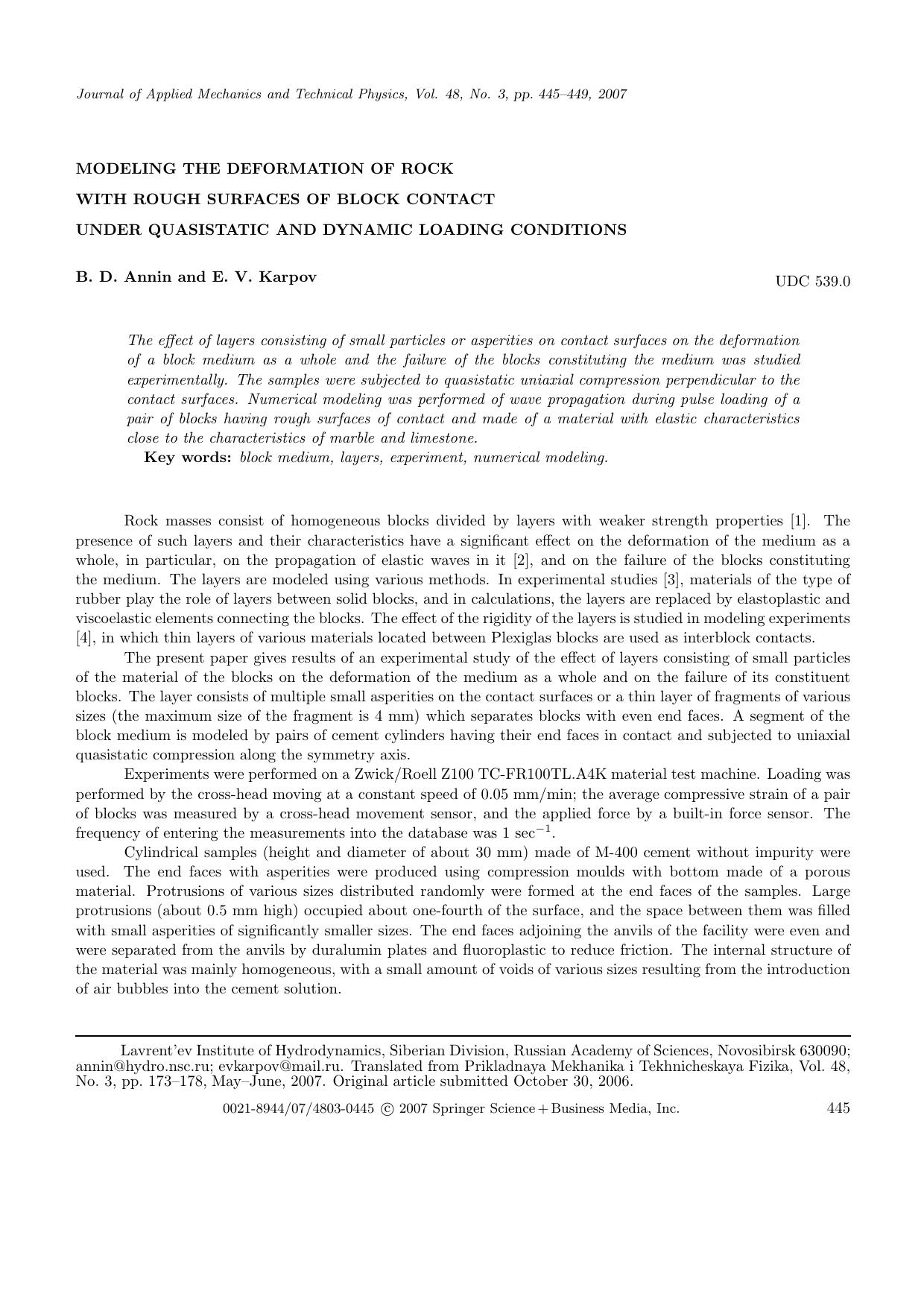 Modeling the deformation of rock with rough surfaces of block contact under quasistatic and dynamic loading conditions by Unknown