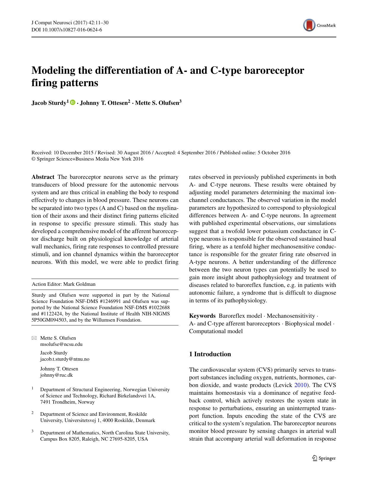 Modeling the differentiation of A- and C-type baroreceptor firing patterns by Jacob Sturdy & Johnny T. Ottesen & Mette S. Olufsen