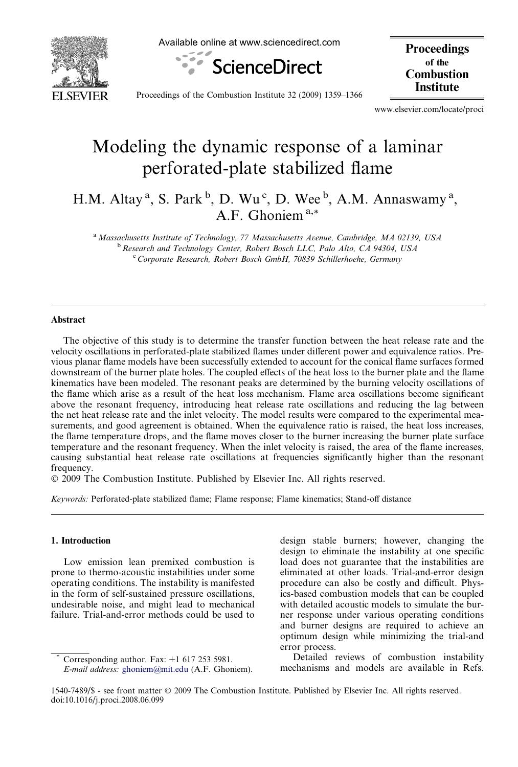 Modeling the dynamic response of a laminar perforated-plate stabilized flame by H.M. Altay; S. Park; D. Wu; D. Wee; A.M. Annaswamy; A.F. Ghoniem