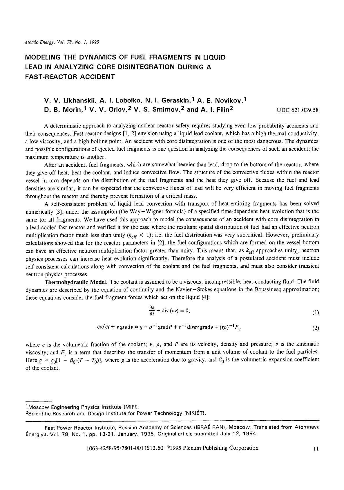 Modeling the dynamics of fuel fragments in liquid lead in analyzing core disintegration during a fast-reactor accident by Unknown