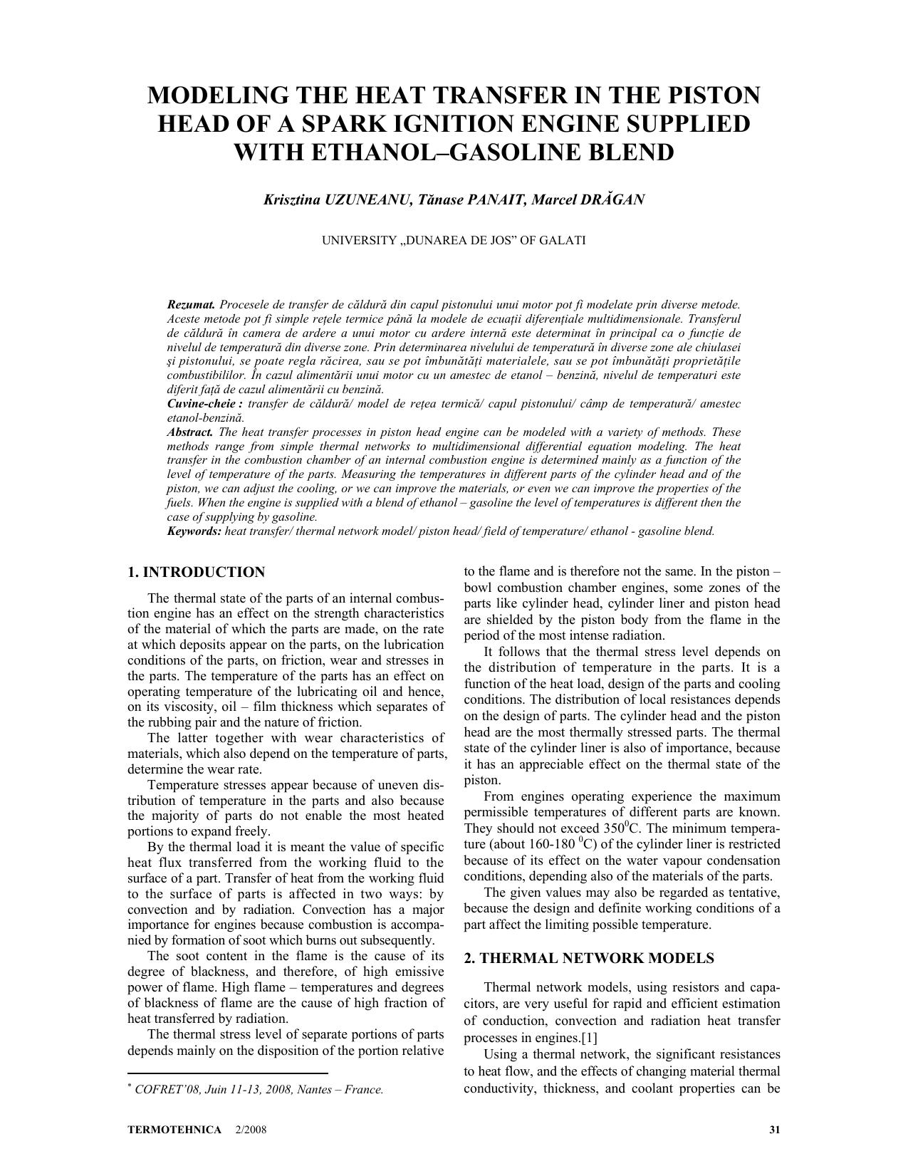 Modeling the heat transfer in the piston head of a spark ignition engine supplied with ethanol-gasoline blend by Uzuneanu K. Panait T. Dragan M