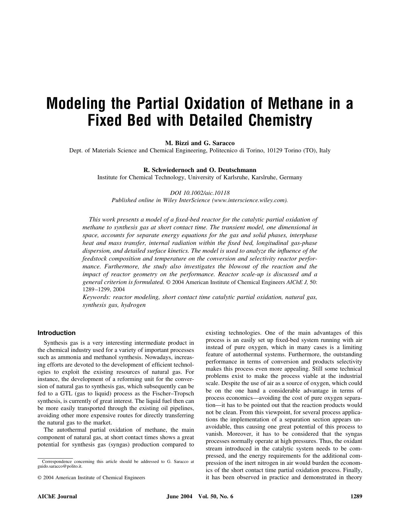 Modeling the partial oxidation of methane in a fixed bed with detailed chemistry by Unknown