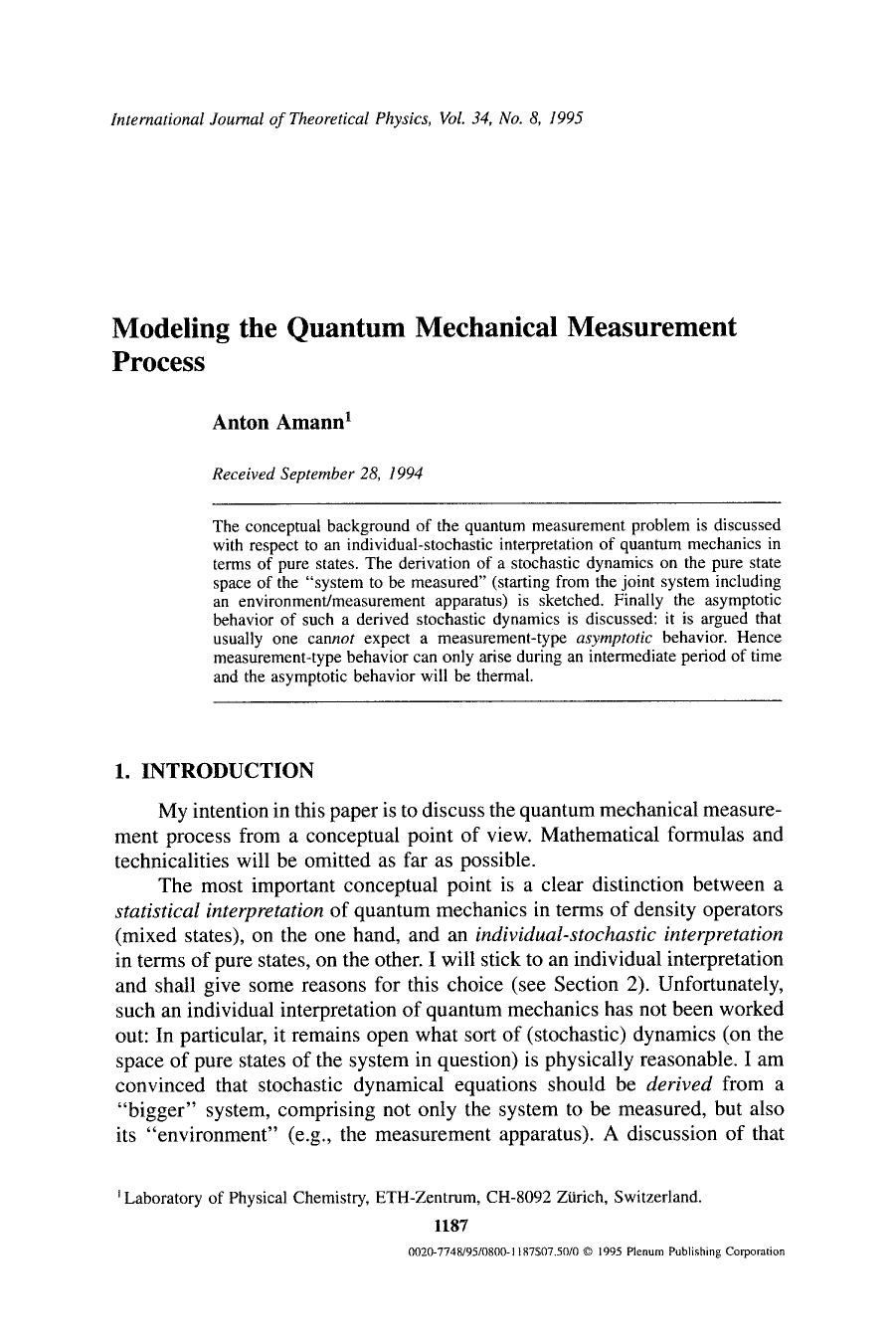 Modeling the quantum mechanical measurement process by Unknown