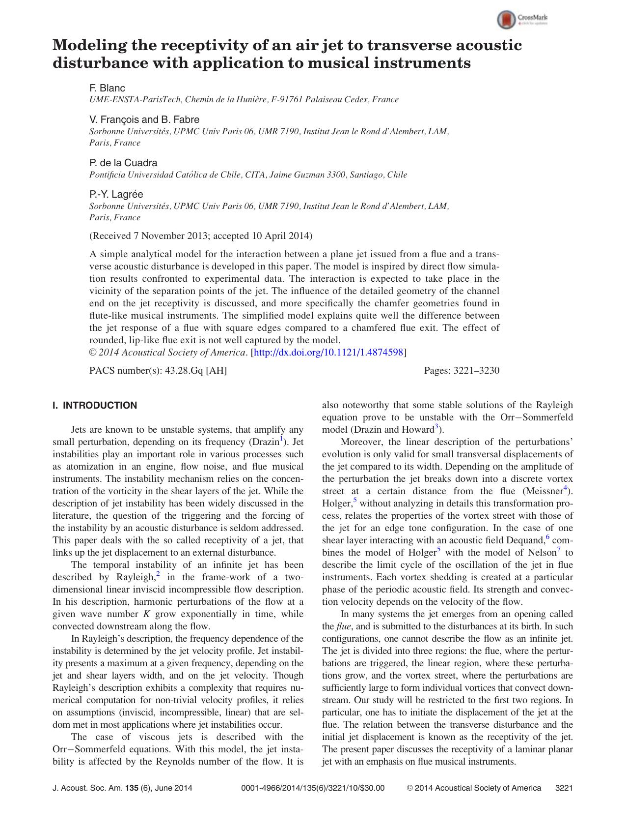 Modeling the receptivity of an air jet to transverse acoustic disturbance with application to musical instruments by F. Blanc & V. François & B. Fabre & P. de la Cuadra & P.-Y. Lagrée