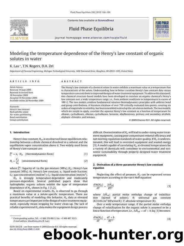 Modeling the temperature dependence of the Henry's law constant of organic solutes in water by K. Lau; T.N. Rogers; D.A. Zei