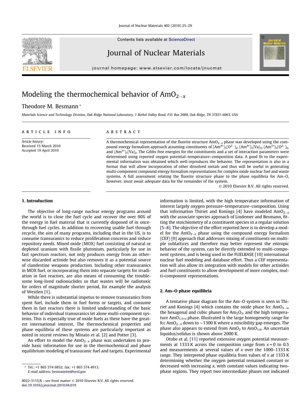 Modeling the thermochemical behavior of AmO2âx by Theodore M. Besmann