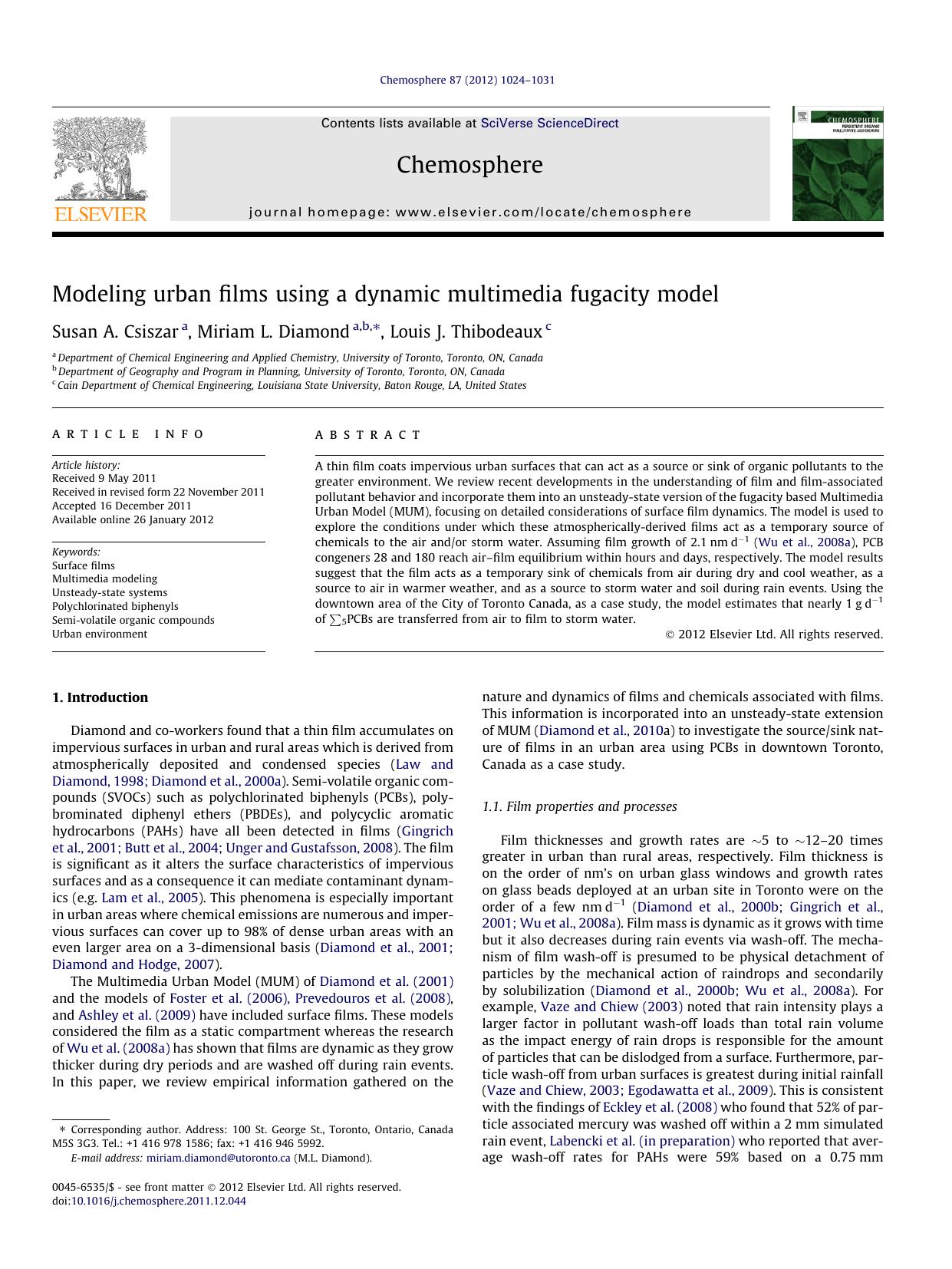 Modeling urban films using a dynamic multimedia fugacity model by Susan A. Csiszar & Miriam L. Diamond & Louis J. Thibodeaux