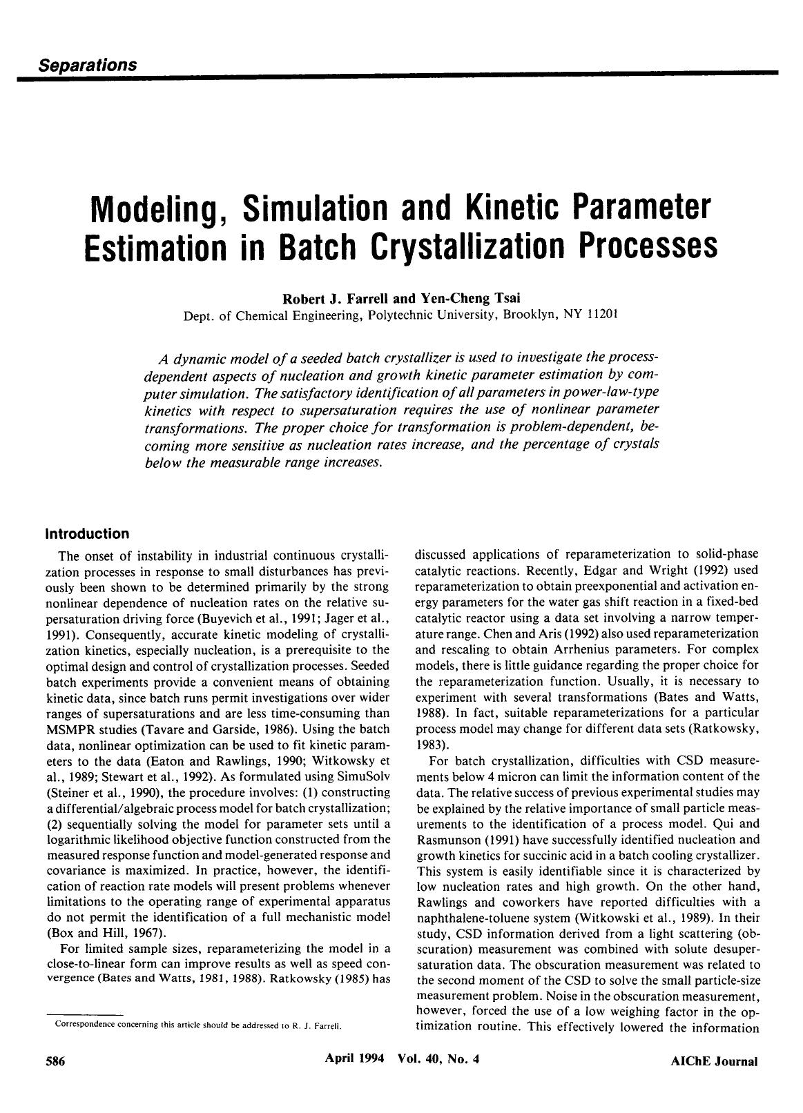 Modeling, simulation and kinetic parameter estimation in batch crystallization processes by Unknown