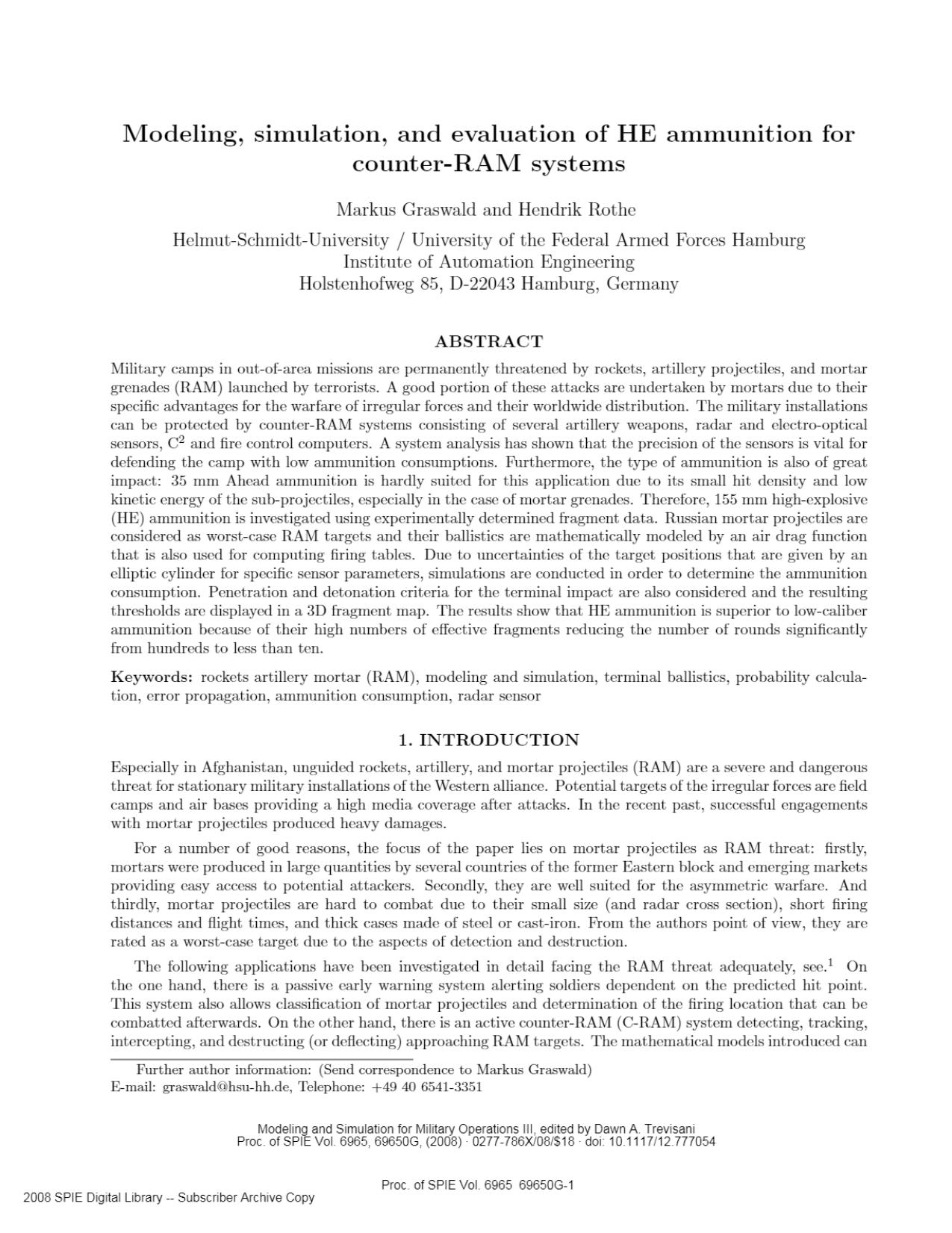 Modeling, simulation, and evaluation of HE ammunition for counter-RAM systems by Graswald Markus Ruthe Hendrik
