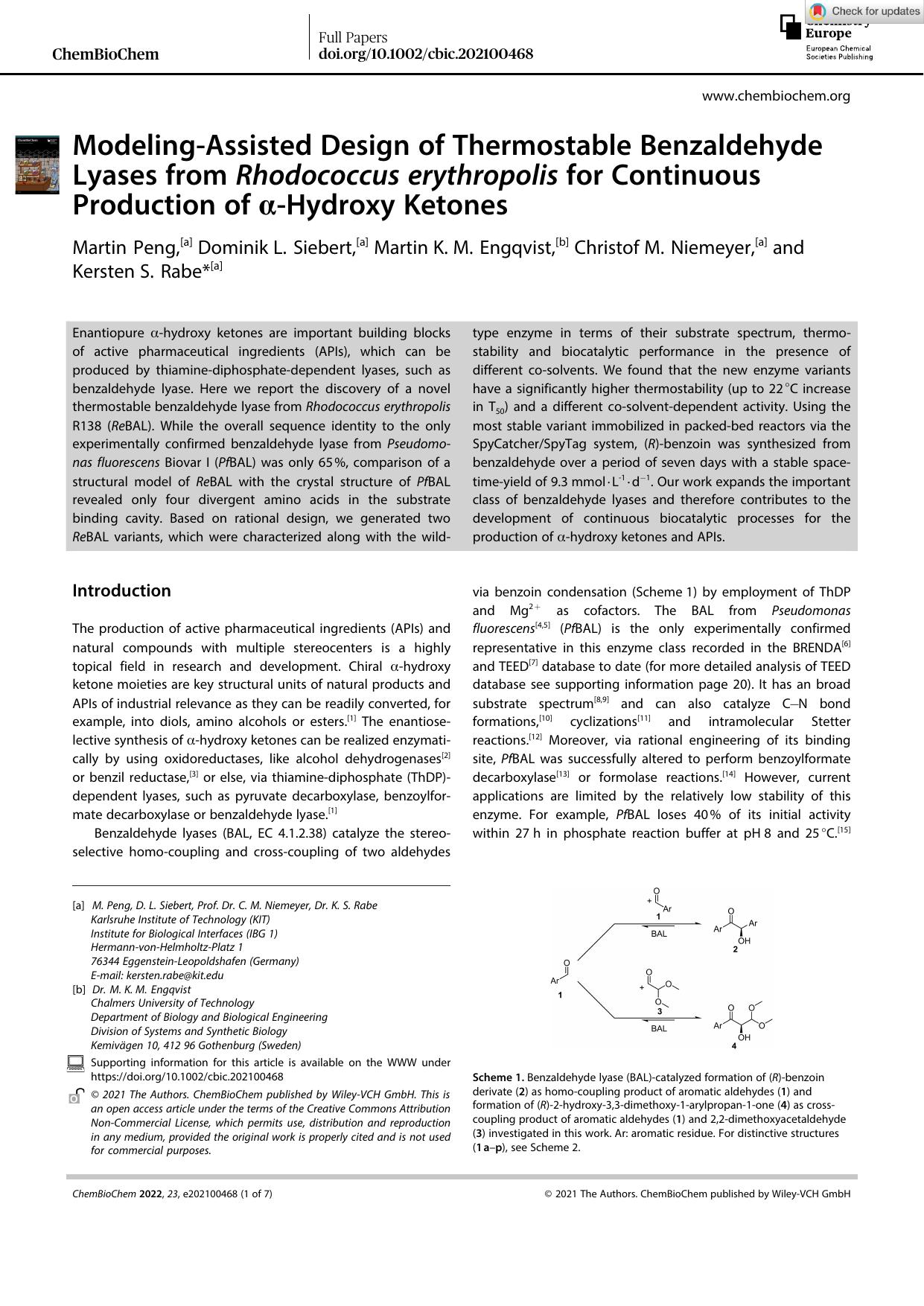 ModelingâAssisted Design of Thermostable Benzaldehyde Lyases from Rhodococcus erythropolis for Continuous Production of Î±âHydroxy Ketones by Unknown