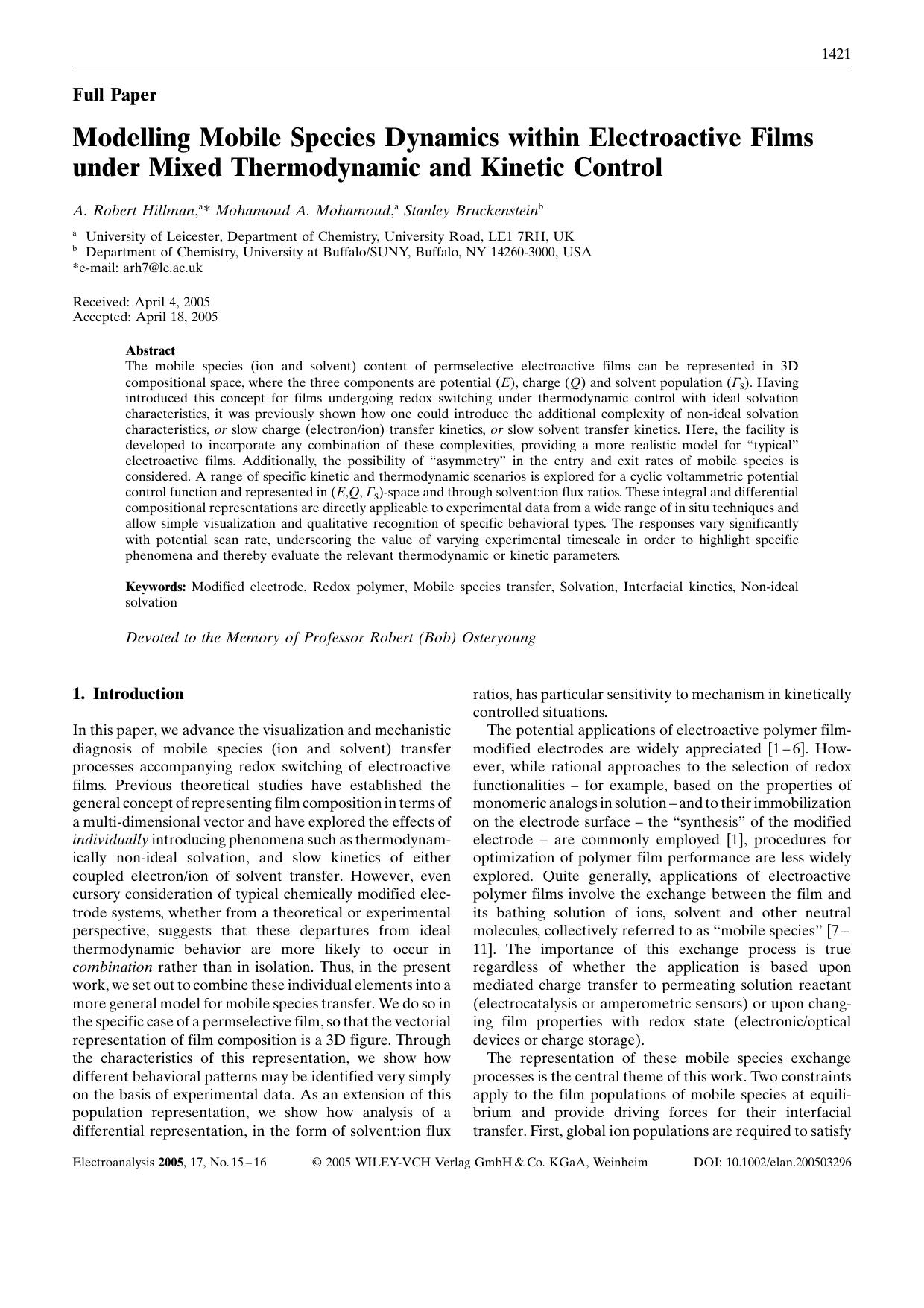 Modelling Mobile Species Dynamics within Electroactive Films under Mixed Thermodynamic and Kinetic Control by Unknown