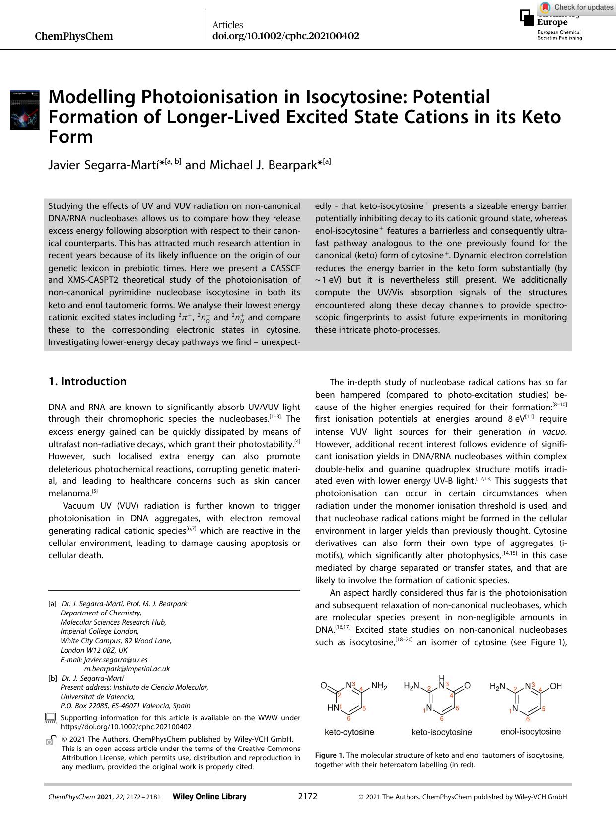Modelling Photoionisation in Isocytosine: Potential Formation of LongerâLived Excited State Cations in its Keto Form by Unknown