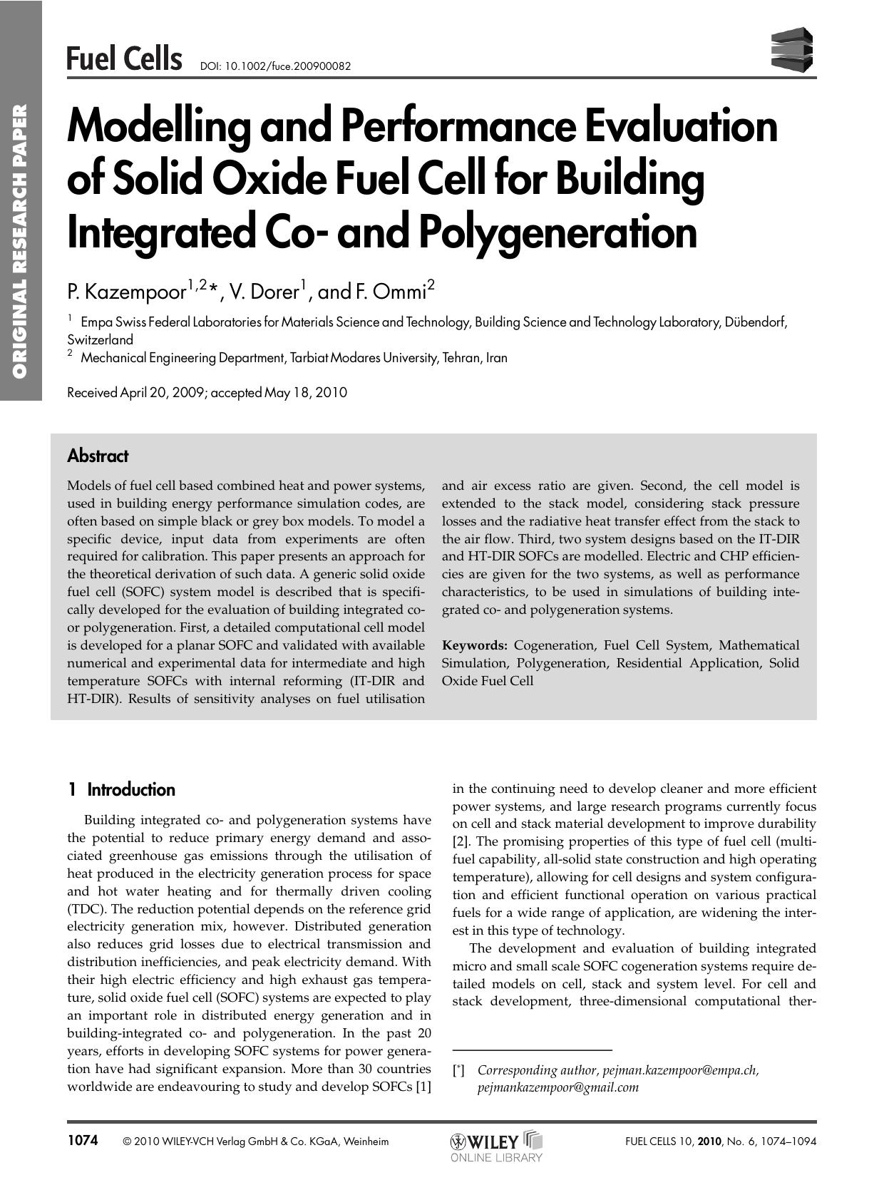 Modelling and Performance Evaluation of Solid Oxide Fuel Cell for Building Integrated Co and Polygeneration by Unknown