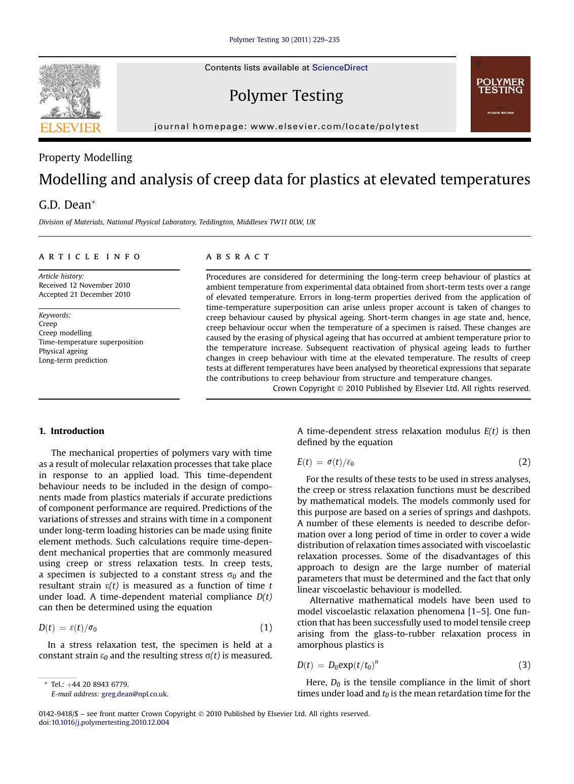 Modelling and analysis of creep data for plastics at elevated temperatures by G.D. Dean