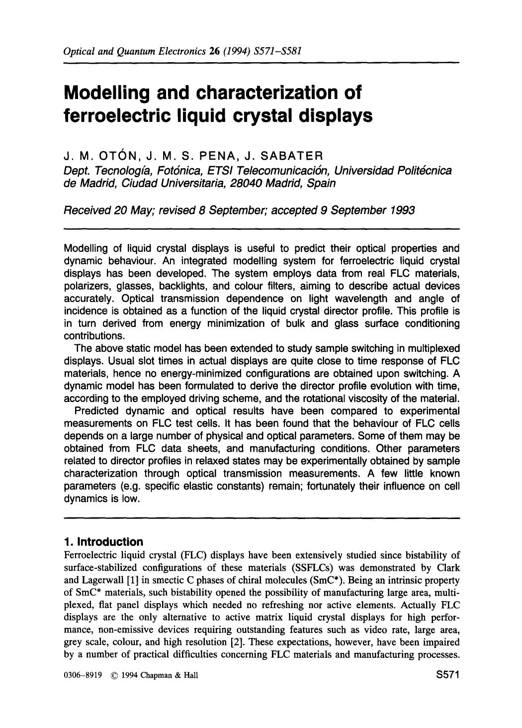 Modelling and characterization of ferroelectric liquid crystal displays by Unknown