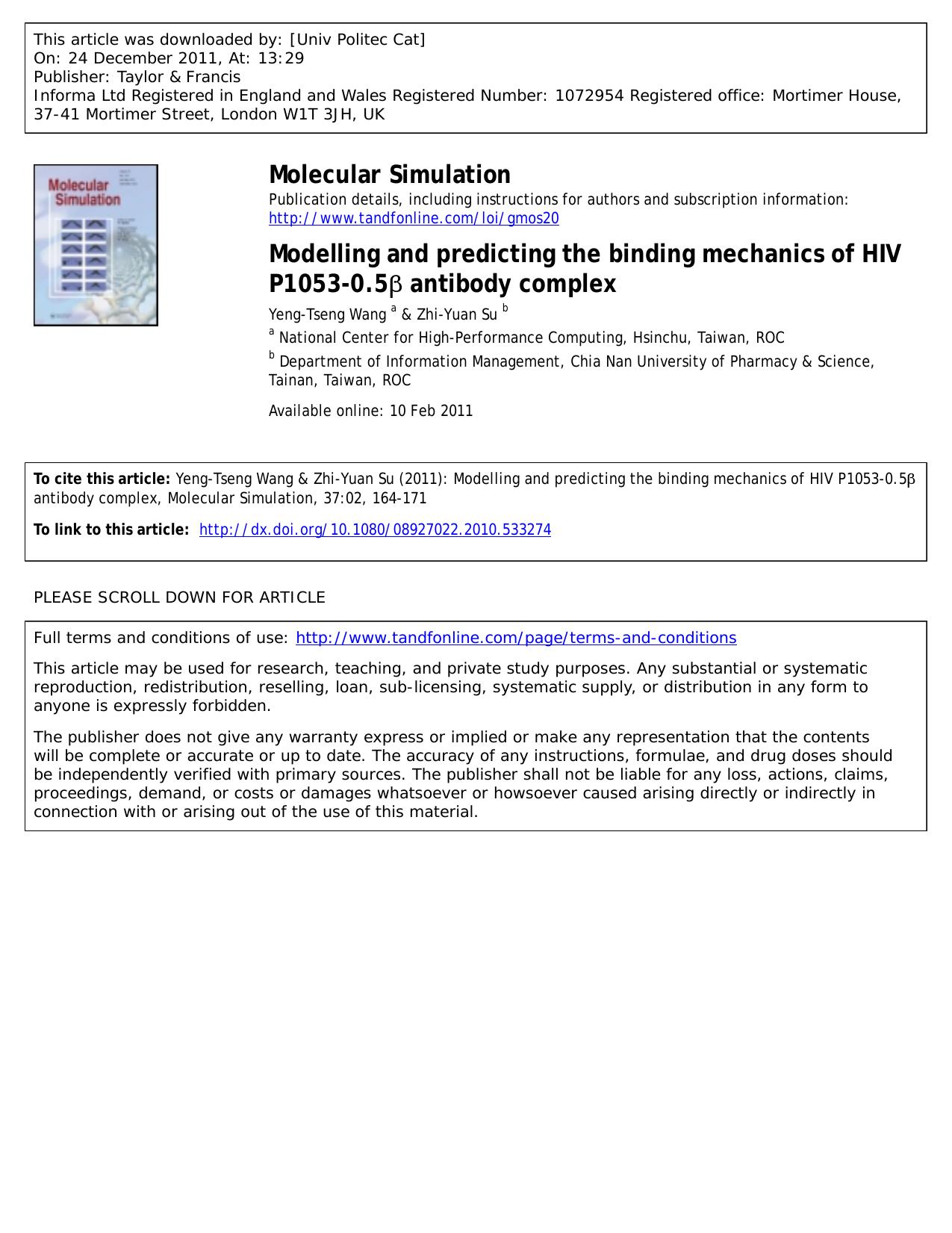 Modelling and predicting the binding mechanics of HIV P1053-0.5Î² antibody complex by Yeng-Tseng Wang a * & Zhi-Yuan Su b *