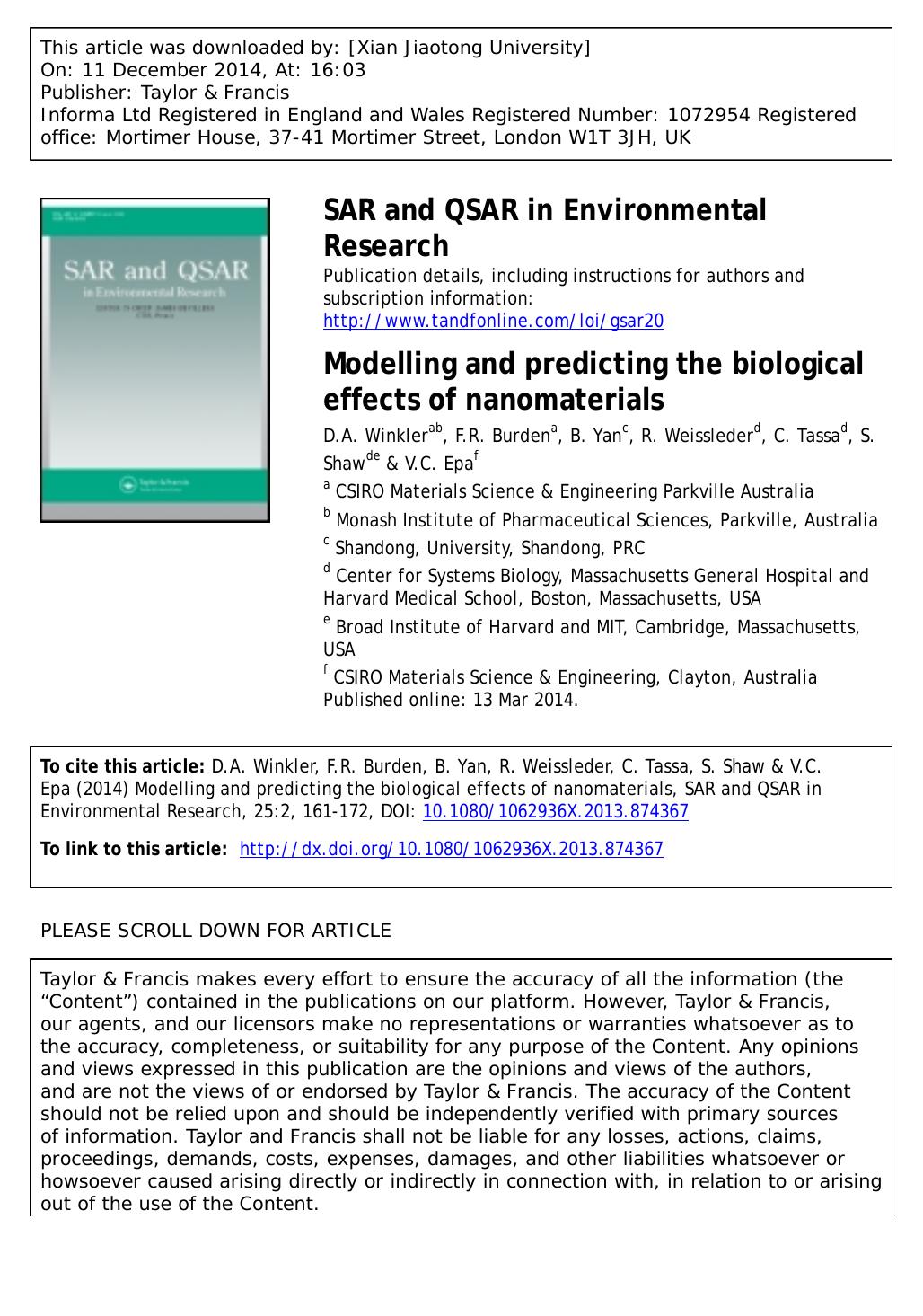 Modelling and predicting the biological effects of nanomaterials by D.A. Winkler