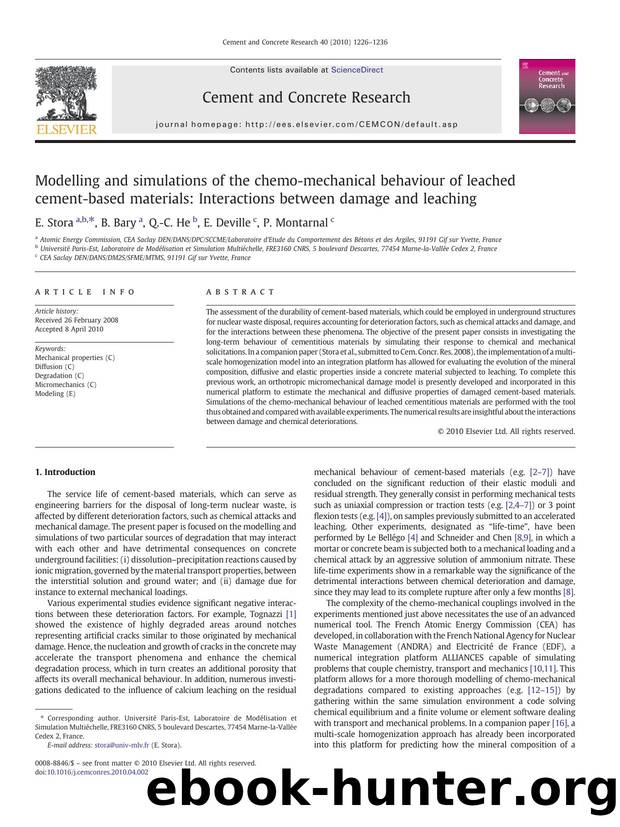 Modelling and simulations of the chemo-mechanical behaviour of leached cement-based materials: Interactions between damage and leaching by E. Stora & B. Bary & Q.-C. He & E. Deville & P. Montarnal