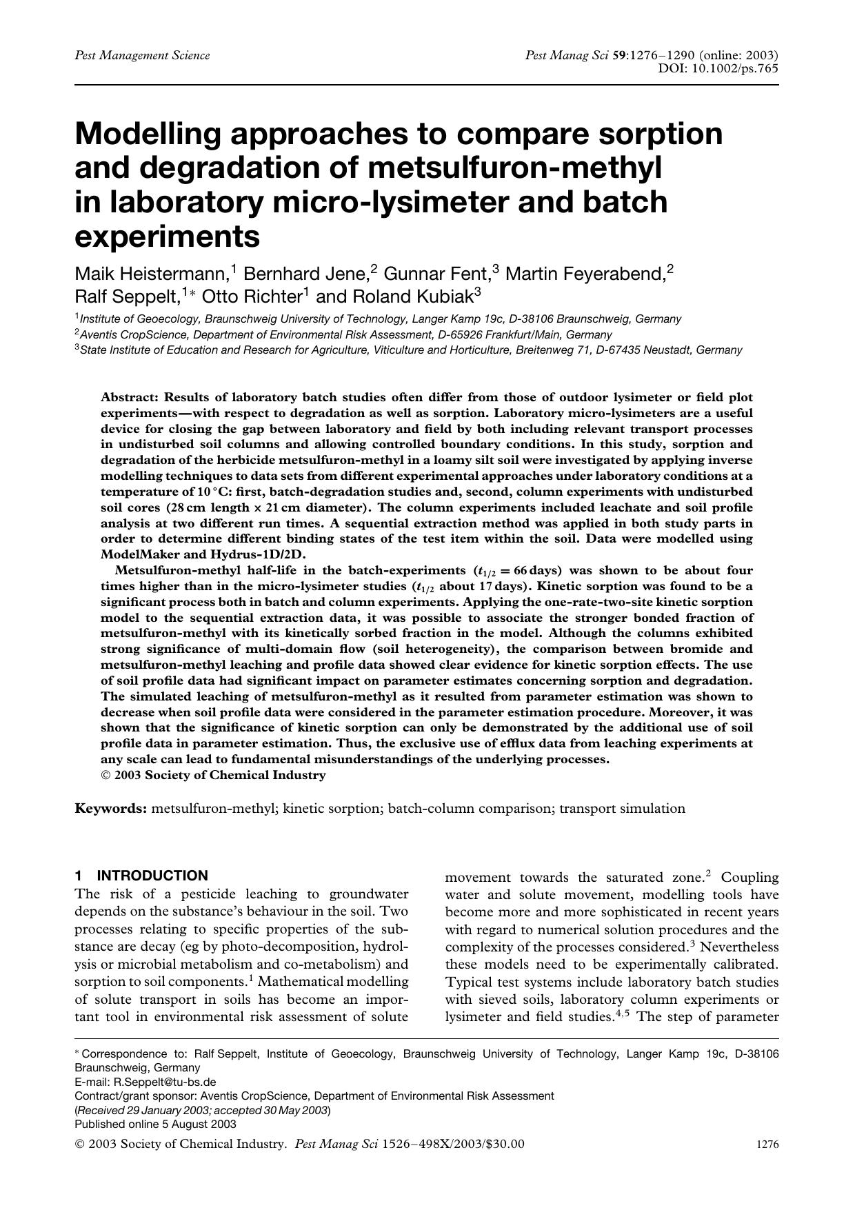 Modelling approaches to compare sorption and degradation of metsulfuron-methyl in laboratory micro-lysimeter and batch experiments by Unknown