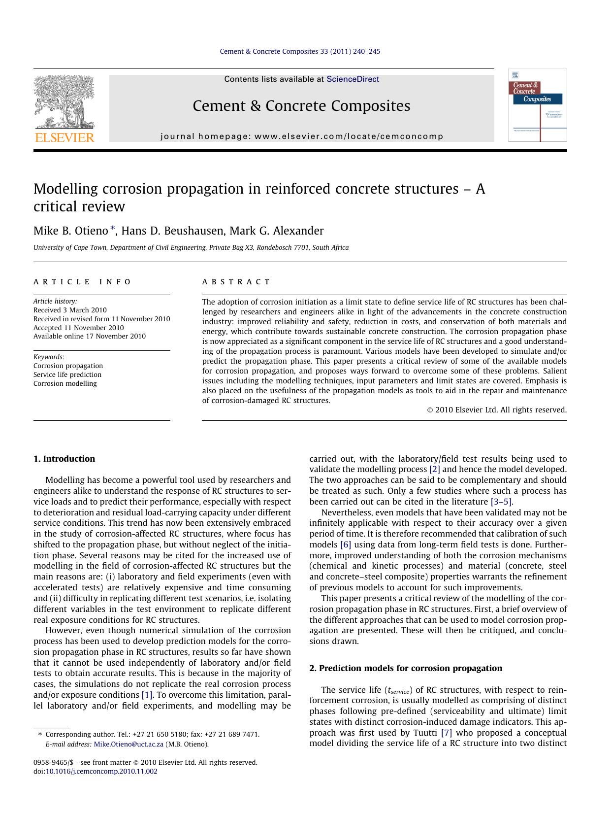 Modelling corrosion propagation in reinforced concrete structures Ã¢â¬â A critical review by Mike B. Otieno & Hans D. Beushausen & Mark G. Alexander