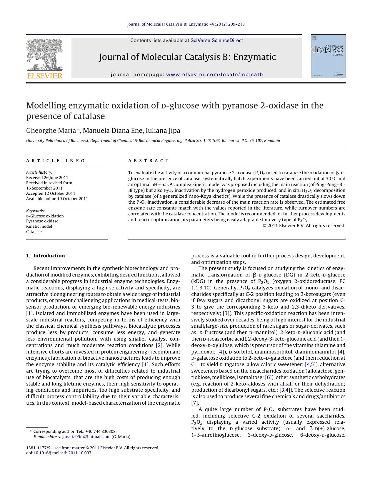 Modelling enzymatic oxidation of d-glucose with pyranose 2-oxidase in the presence of catalase by Gheorghe Maria