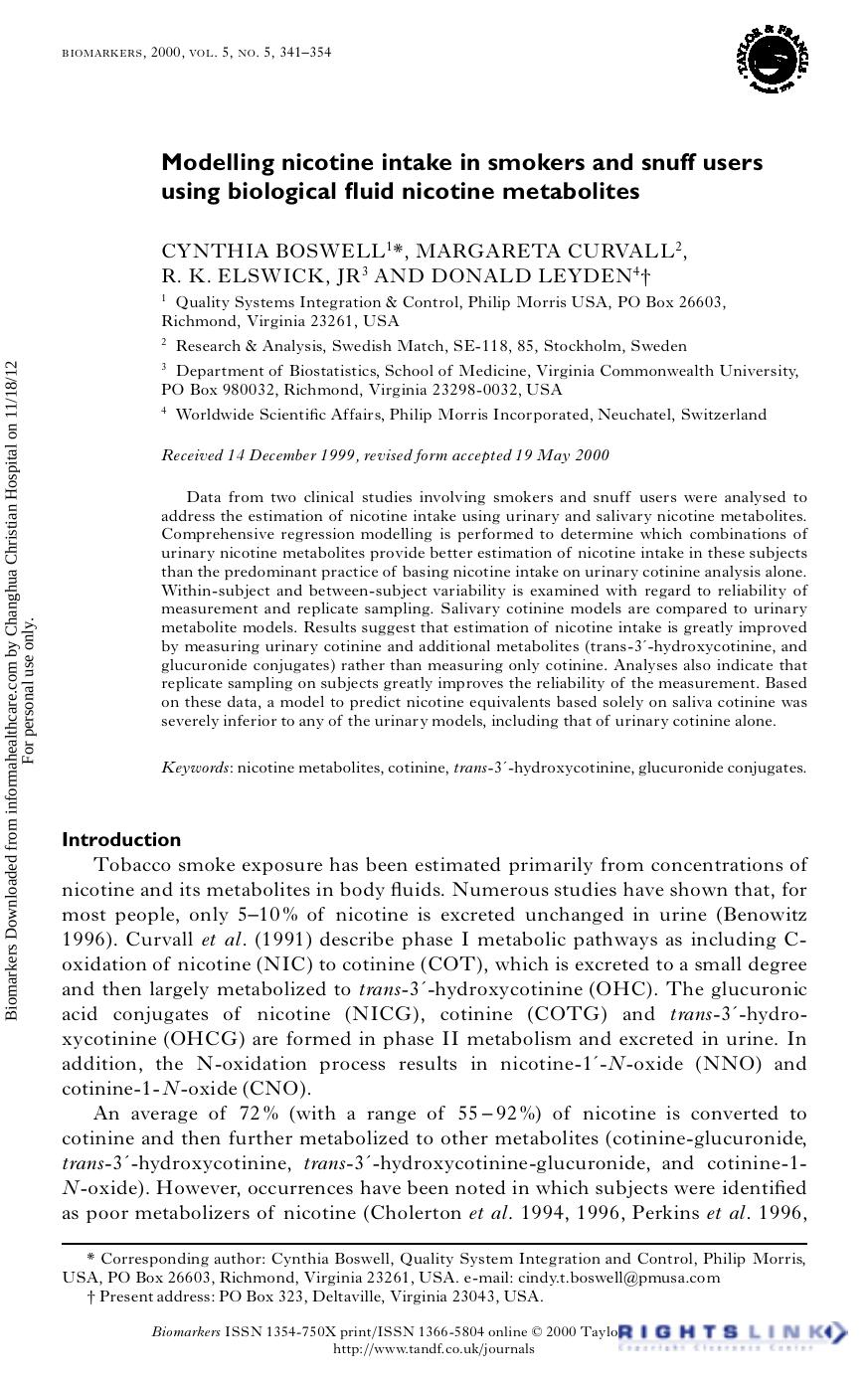 Modelling nicotine intake in smokers and snuff users using biological fluid nicotine metabolites by Cynthia Boswell Margareta Curvall R. K. Elswick Jr Donald Leyden