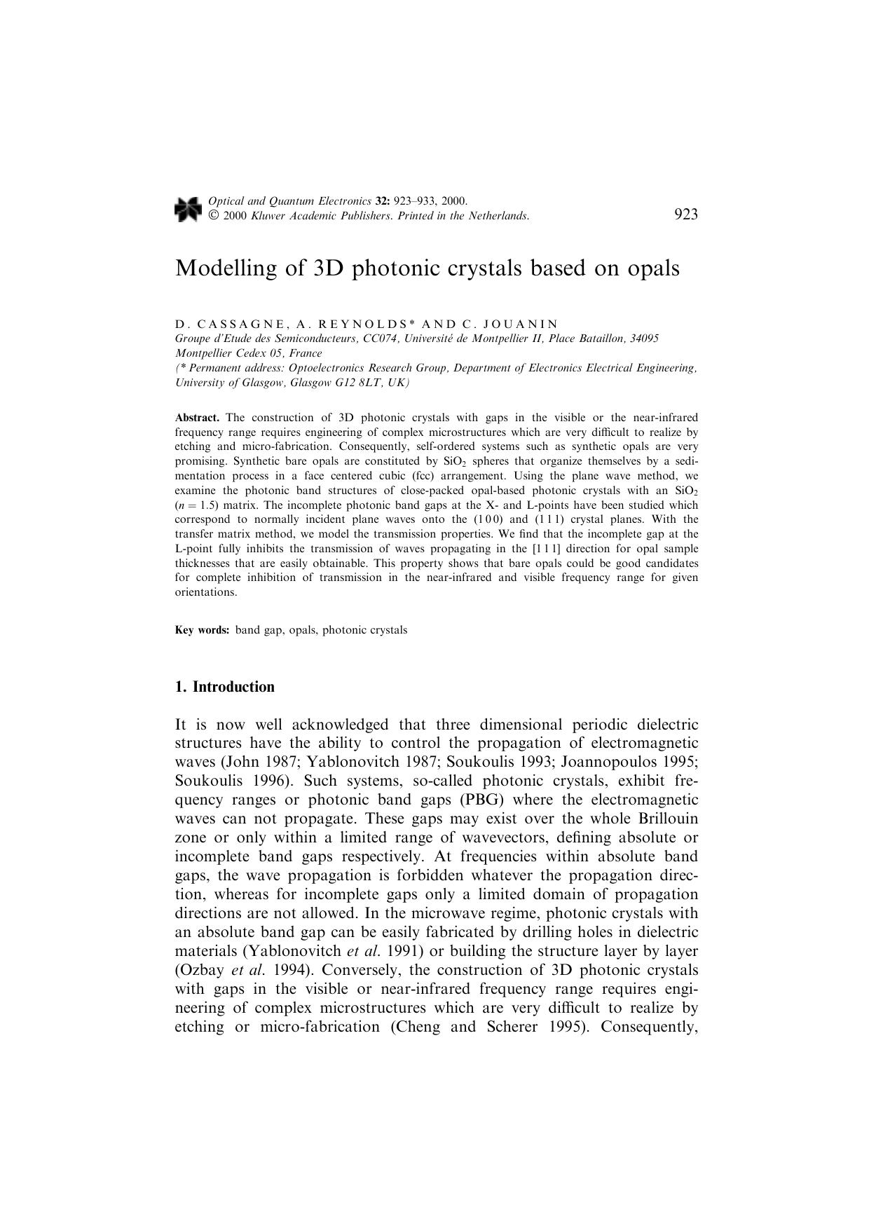 Modelling of 3D photonic crystals based on opals by Unknown