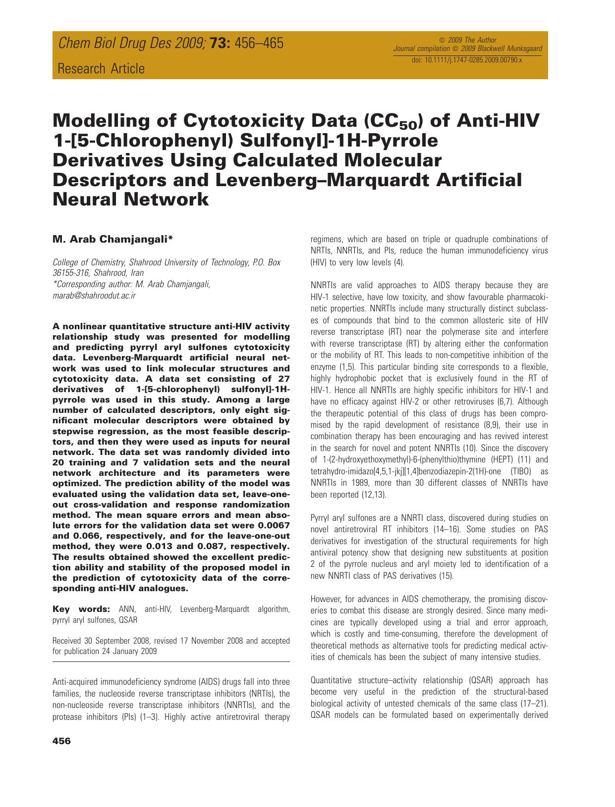Modelling of Cytotoxicity Data (CC50) of Anti-HIV 1-[5-Chlorophenyl) Sulfonyl]-1H-Pyrrole Derivatives Using Calculated Molecular Descriptors and Levenberg–Marquardt Artificial Neural Network by unknow