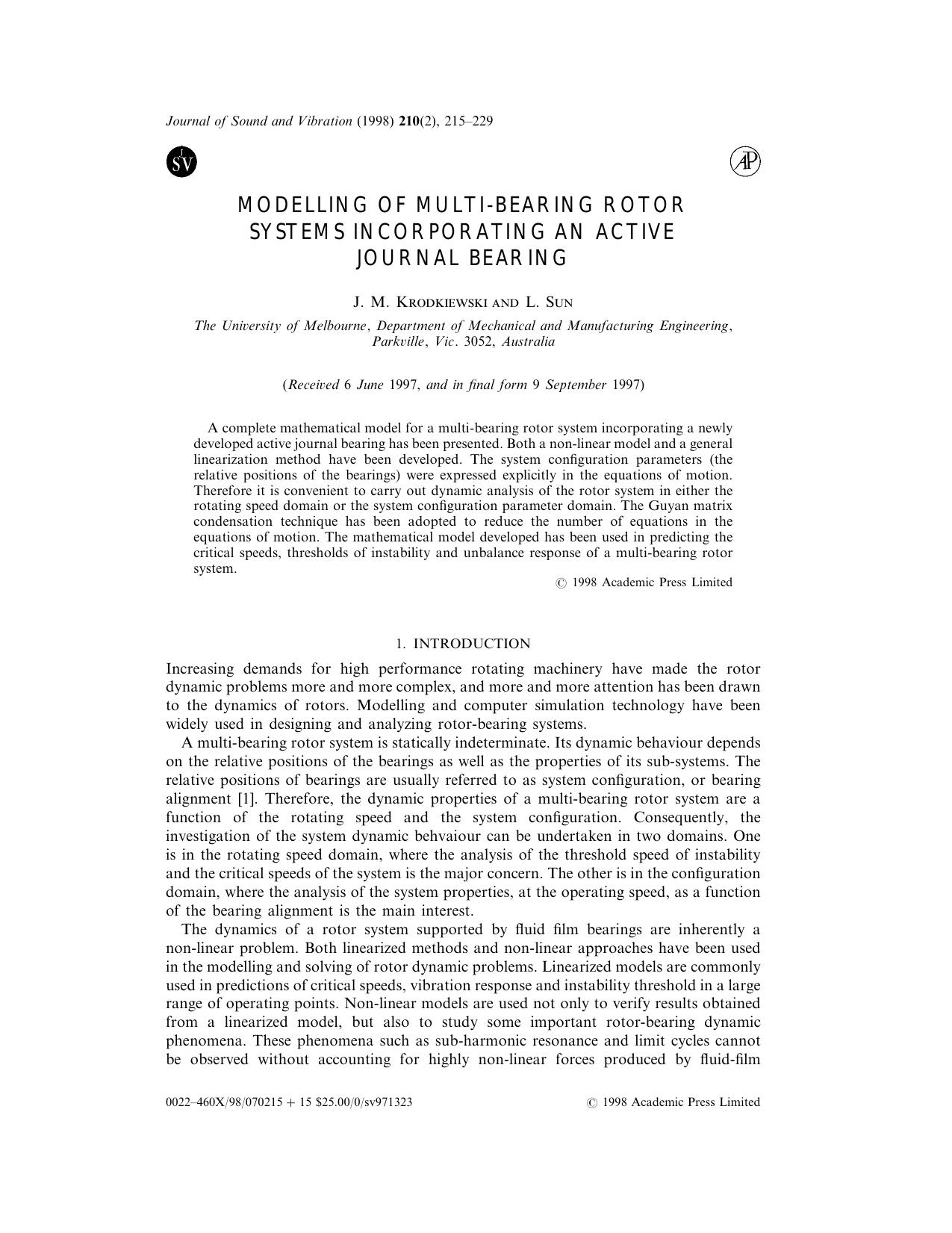 Modelling of Multi-Bearing Rotor Systems Incorporating an Active Journal Bearing by Krodkiewski J. M. & Sun L