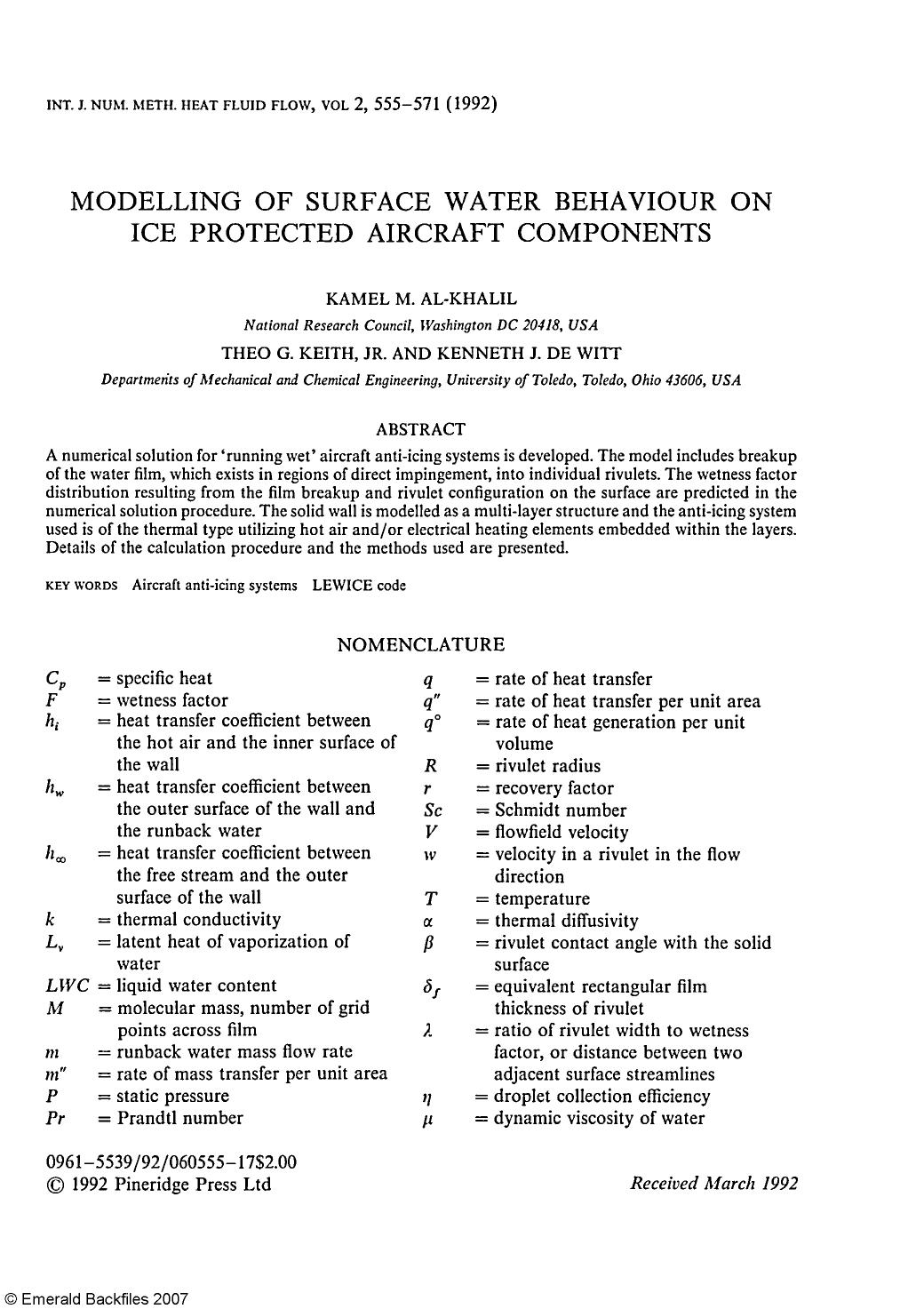 Modelling of Surface Water Behaviour on Ice Protected Aircraft Components by Kamel M. Al-Khalil & Theo G. Keith & Jr & Kenneth J. De Witt