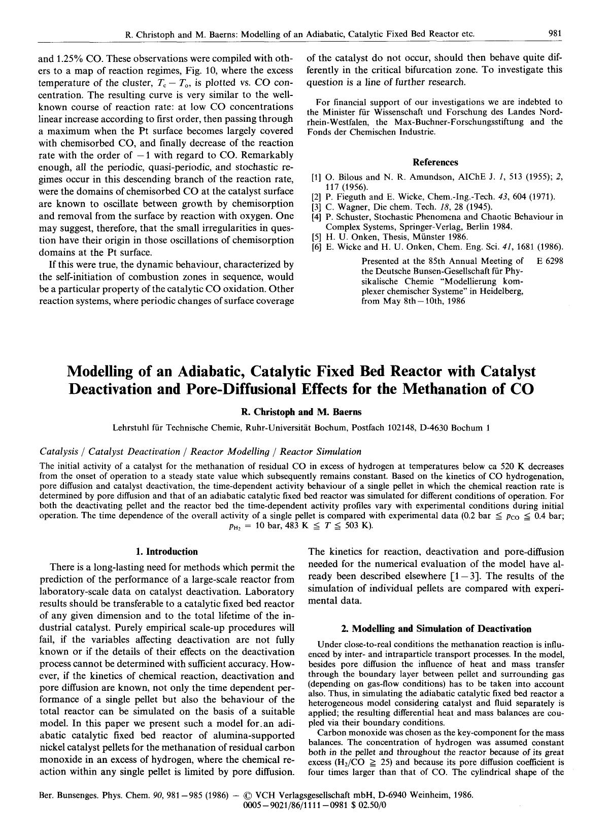 Modelling of an Adiabatic, Catalytic Fixed Bed Reactor with Catalyst Deactivation and Pore-Diffusional Effects for the Methanation of CO by Unknown