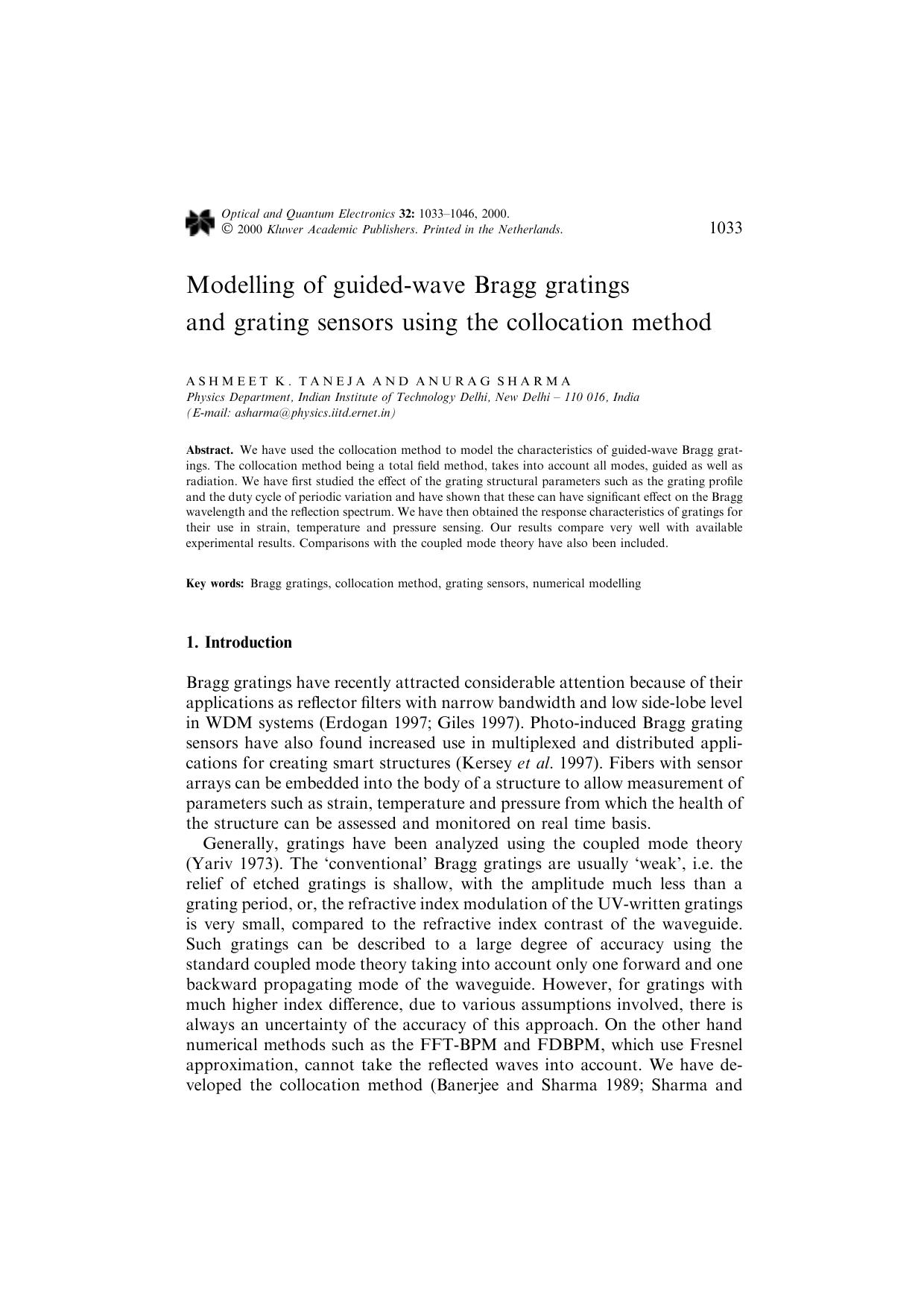 Modelling of guided-wave Bragg gratings and grating sensors using the collocation method by Unknown